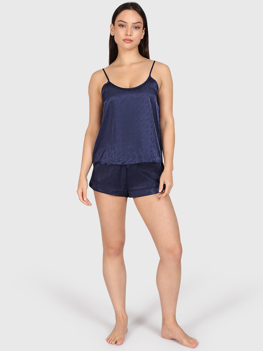 Navy Blue Satin Logo Pattern Cami and Shorts Set