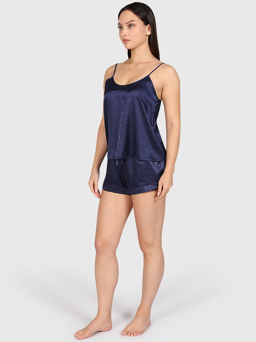 Navy Blue Satin Logo Pattern Cami and Shorts Set