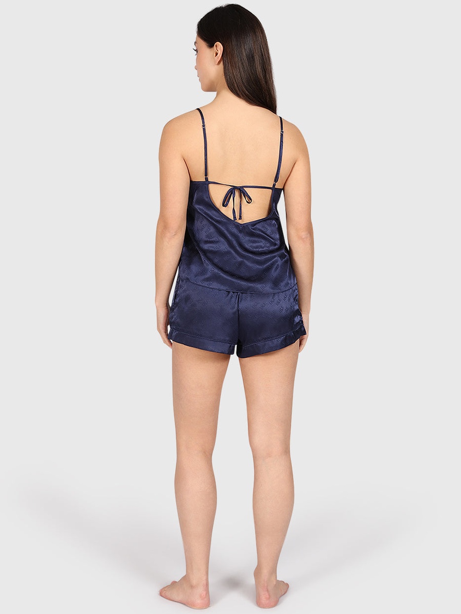 Navy Blue Satin Logo Pattern Cami and Shorts Set