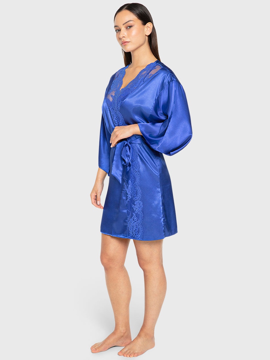Blue Satin Robe with Lace Trim