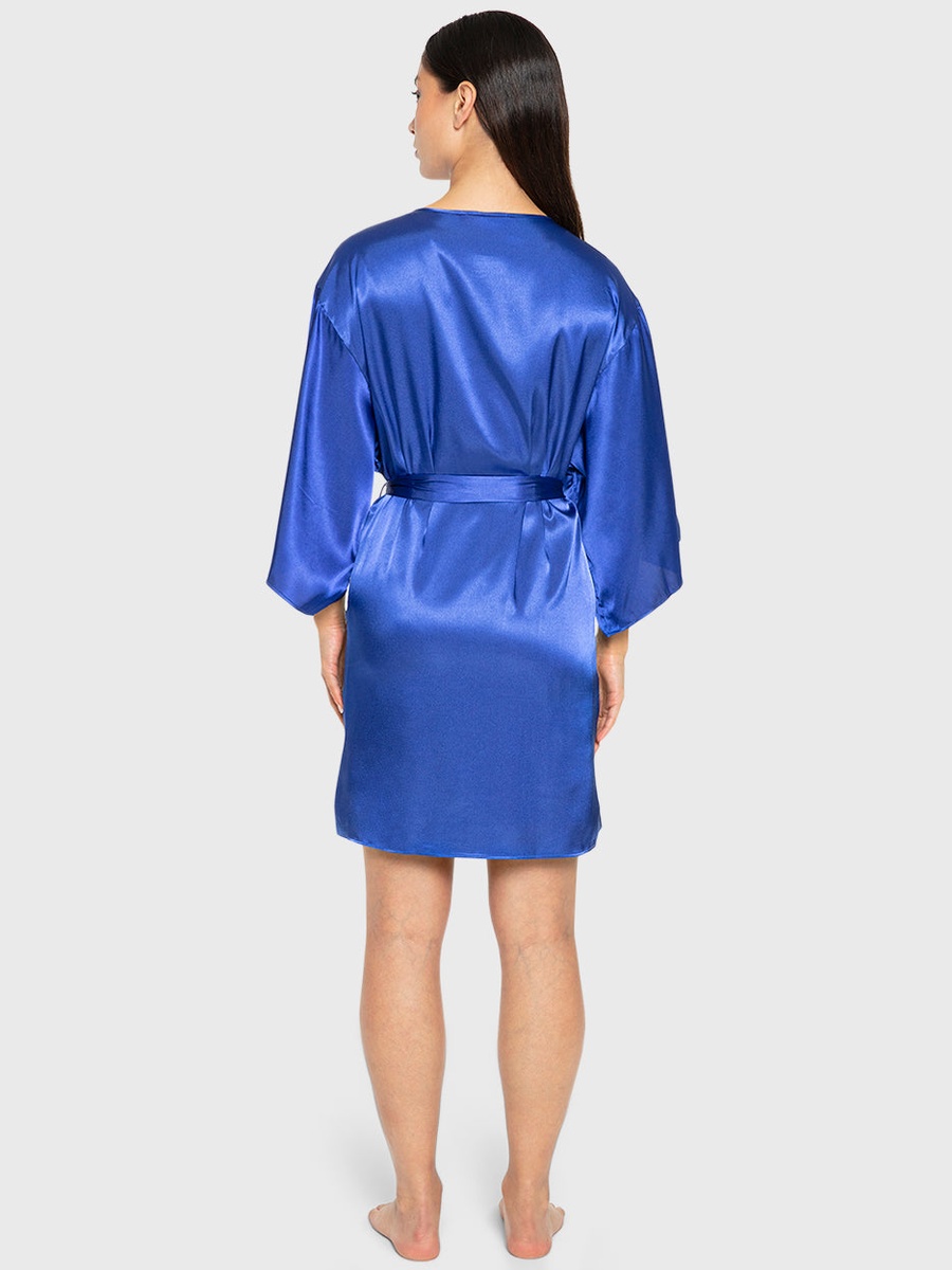 Blue Satin Robe with Lace Trim