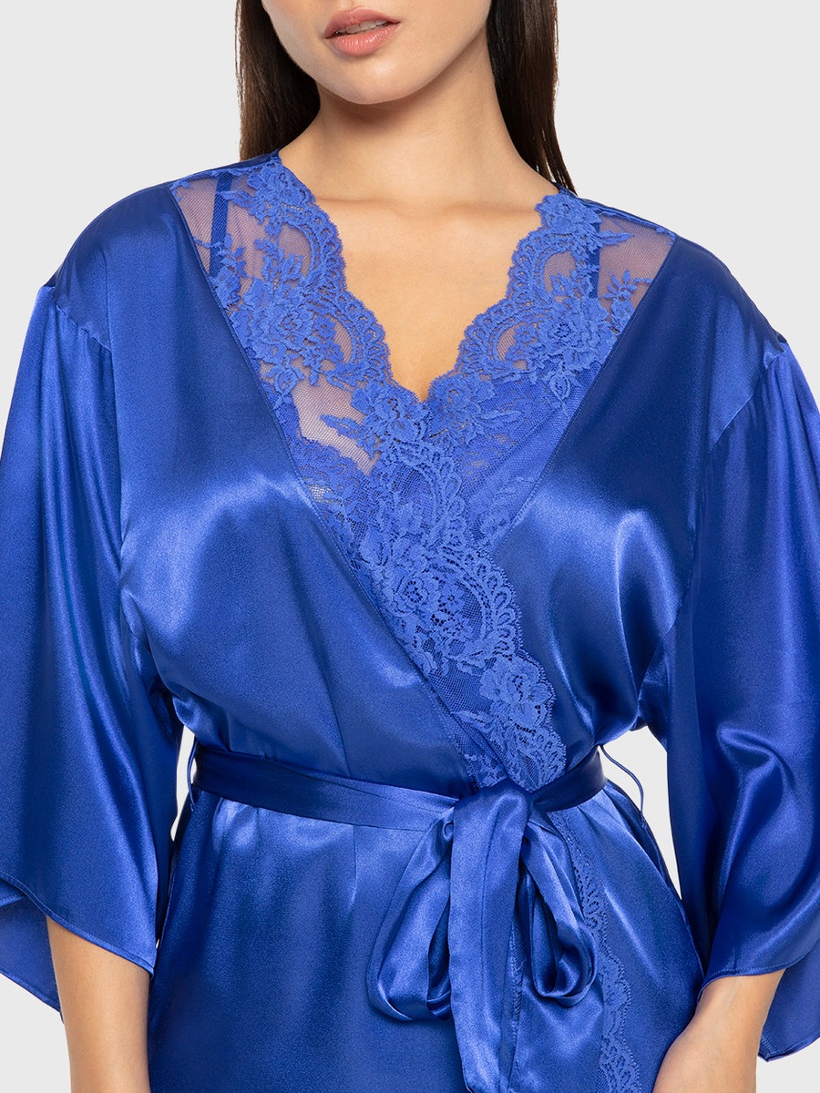 Blue Satin Robe with Lace Trim