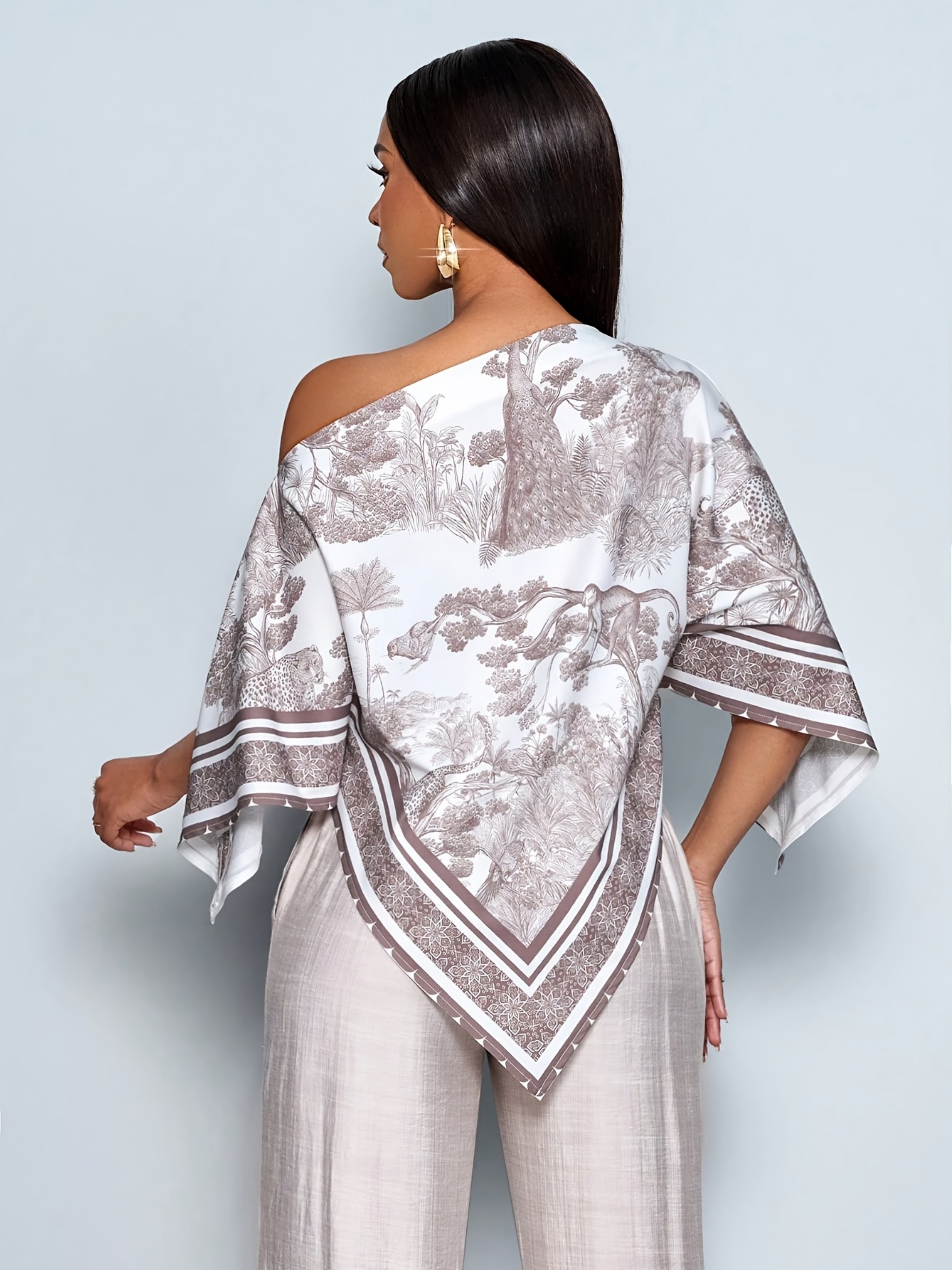 Beige Asymmetric Hem Printed Top