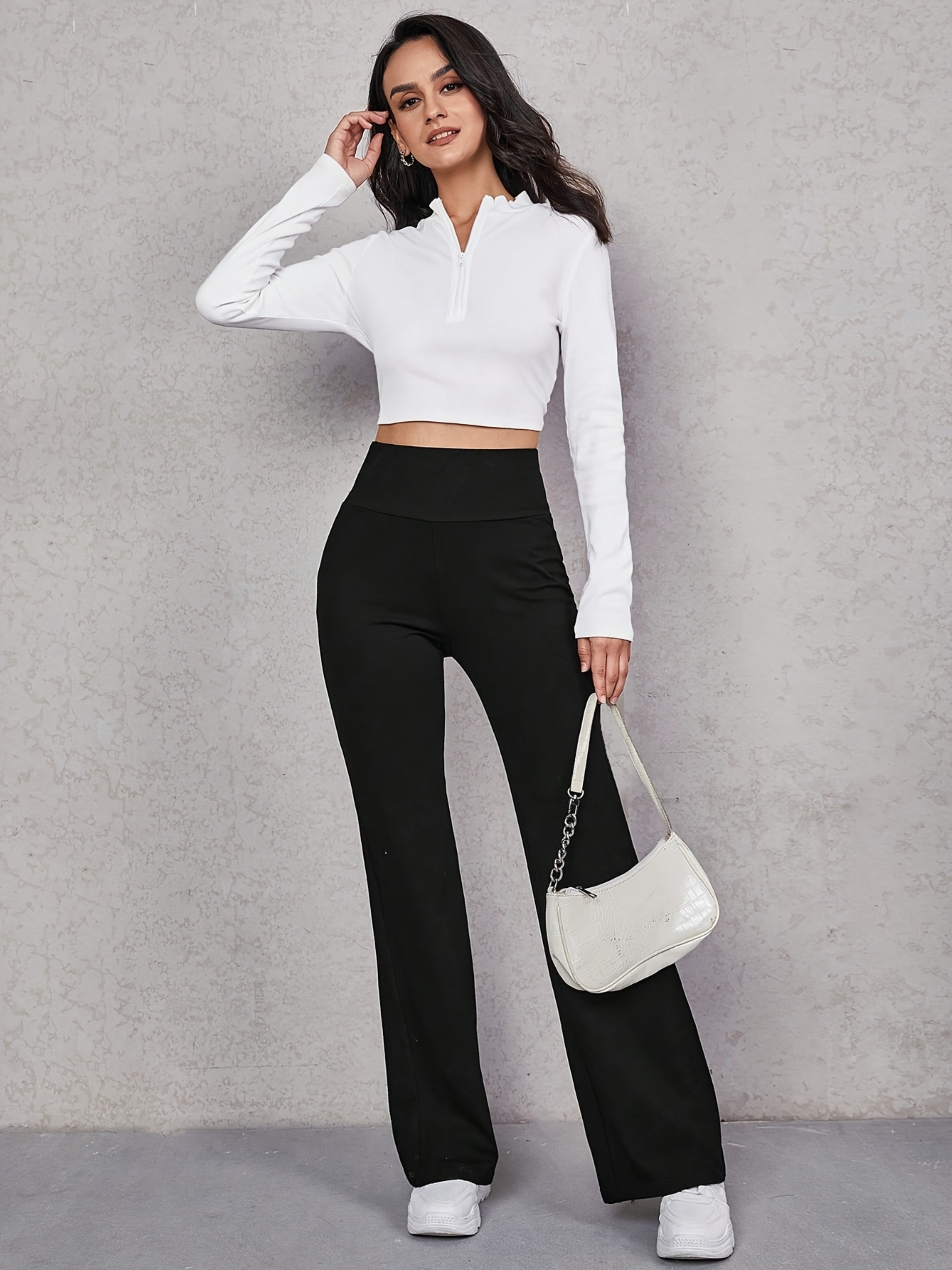 Black Solid Wide Waistband Casual Pants