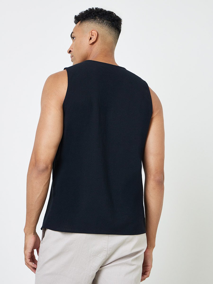 Men Linen Blend Button-Up Vest