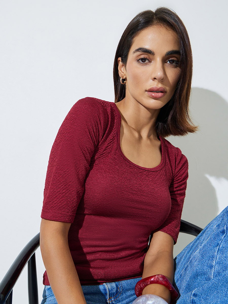 Burgundy Textured Square Neck Knit Top