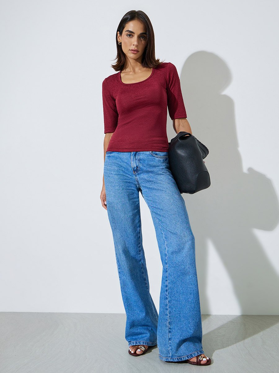 Burgundy Textured Square Neck Knit Top