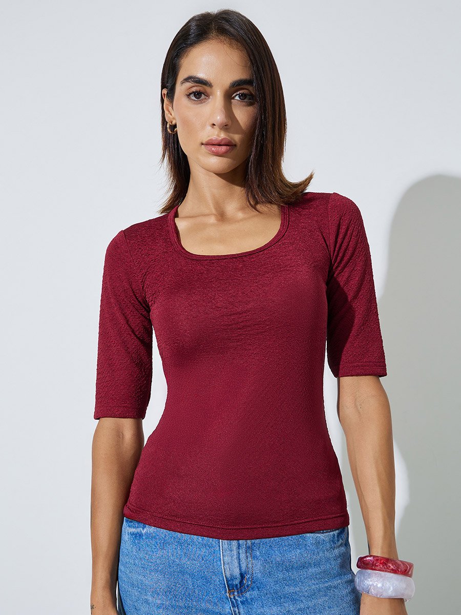 Burgundy Textured Square Neck Knit Top