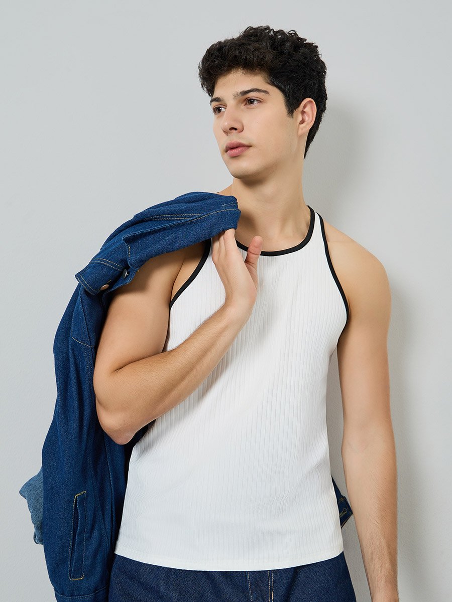 Men White Ribbed Tank Top