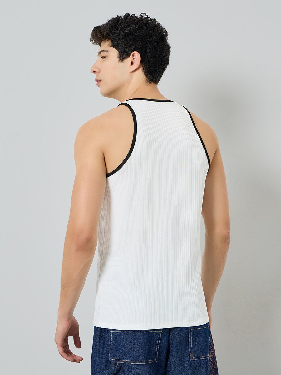 Men White Ribbed Tank Top