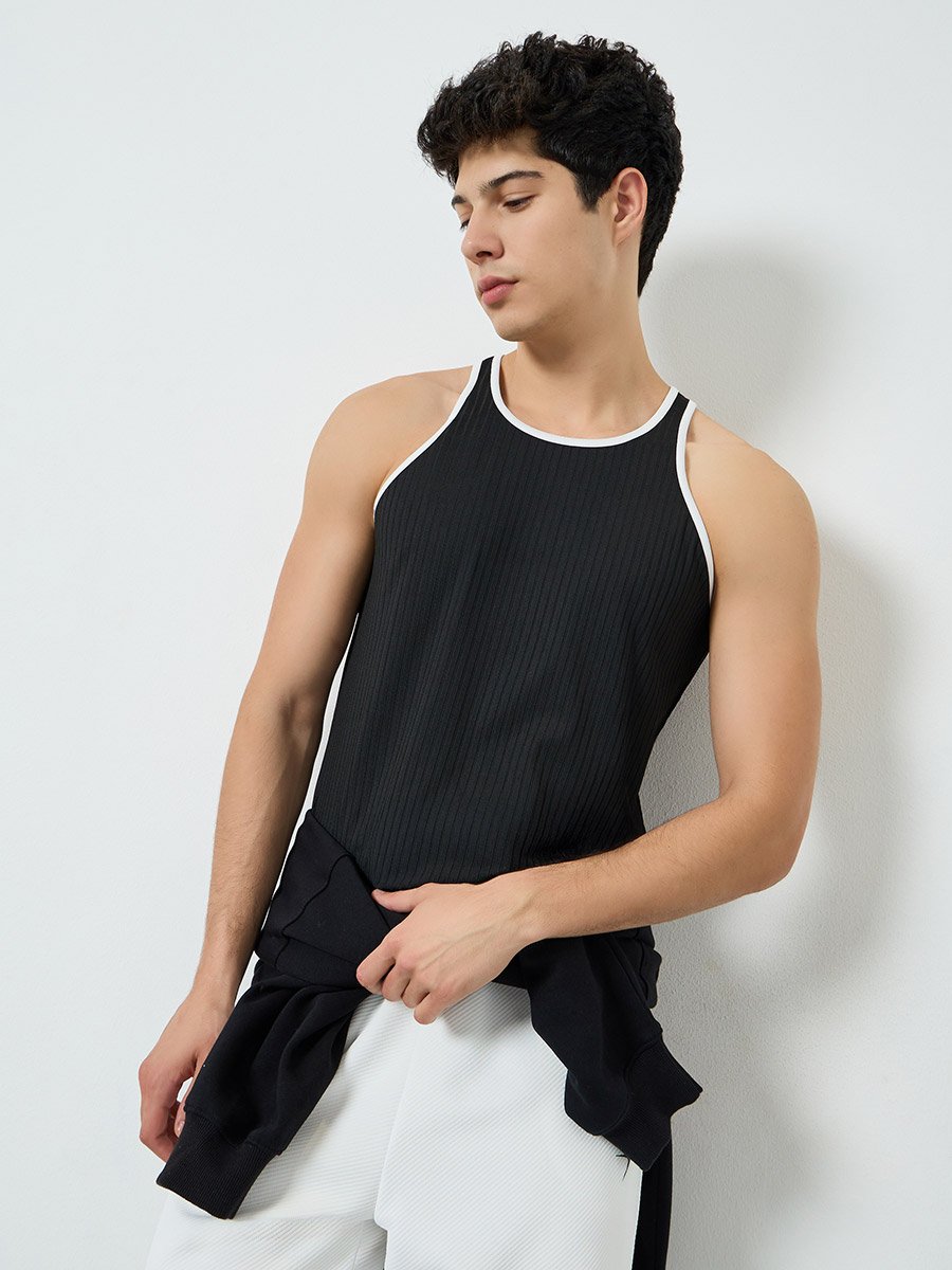 Men Black Ribbed Tank Top