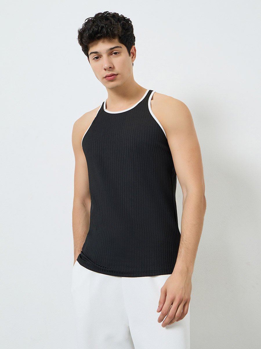 Men Black Ribbed Tank Top