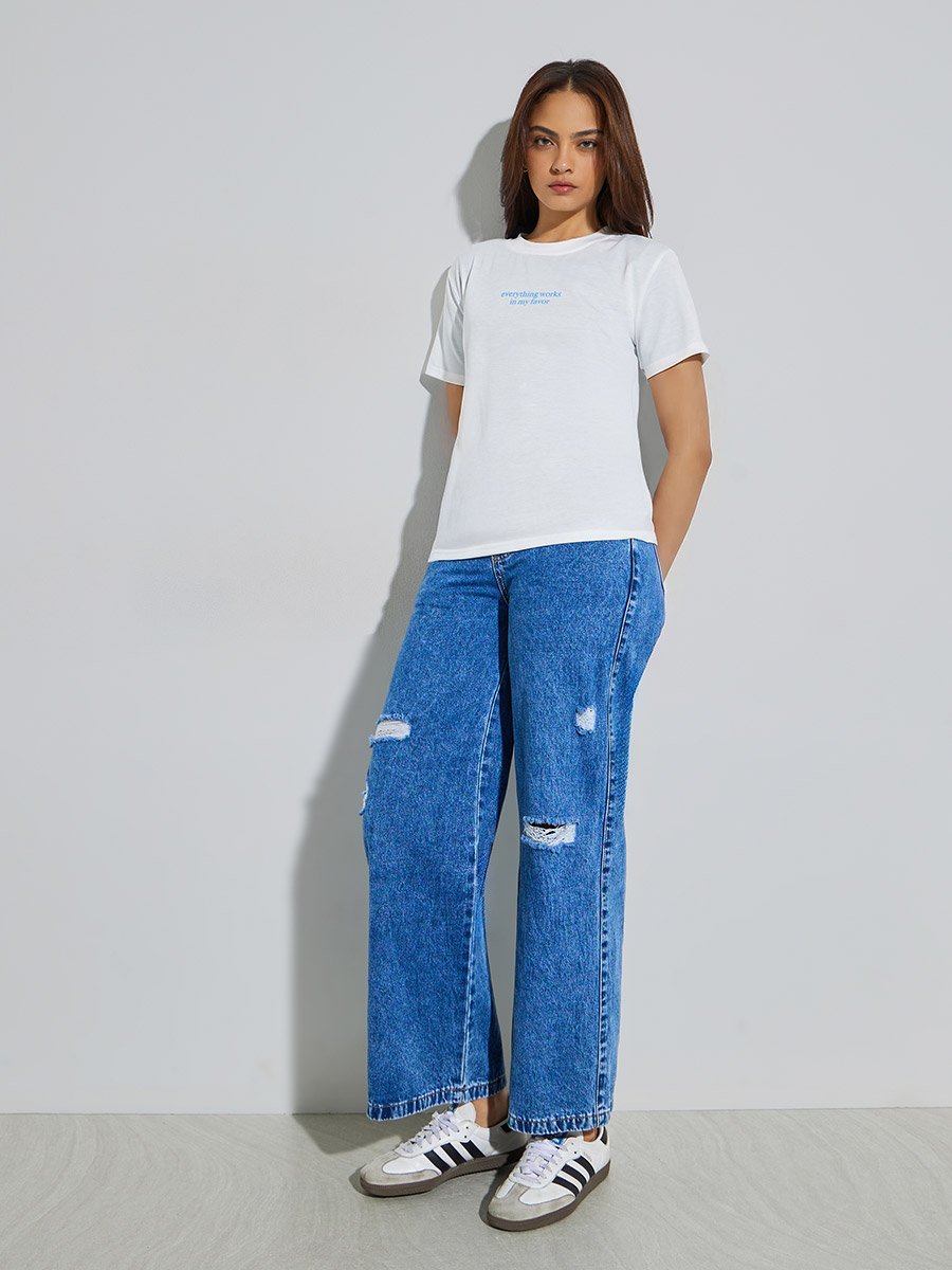 White Slogan Print Regular Fit T-Shirt