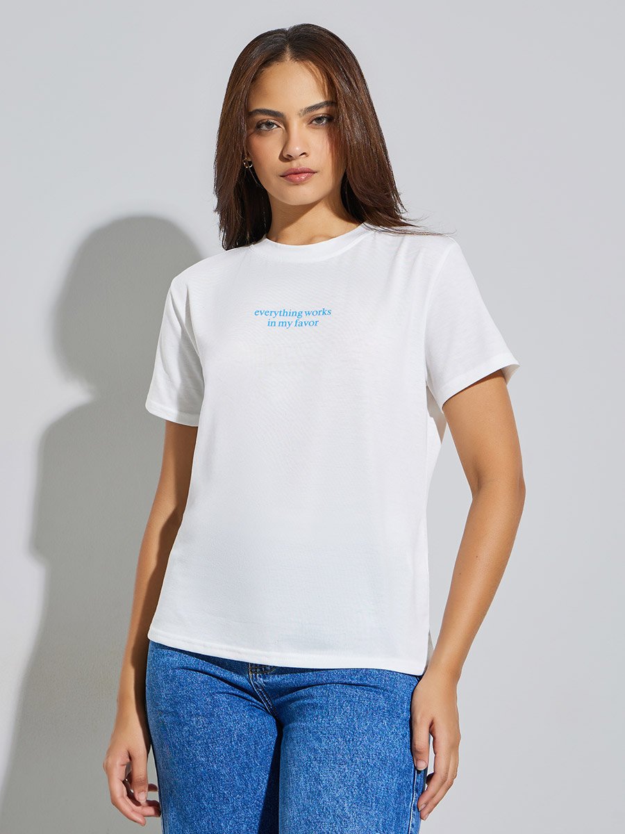 White Slogan Print Regular Fit T-Shirt