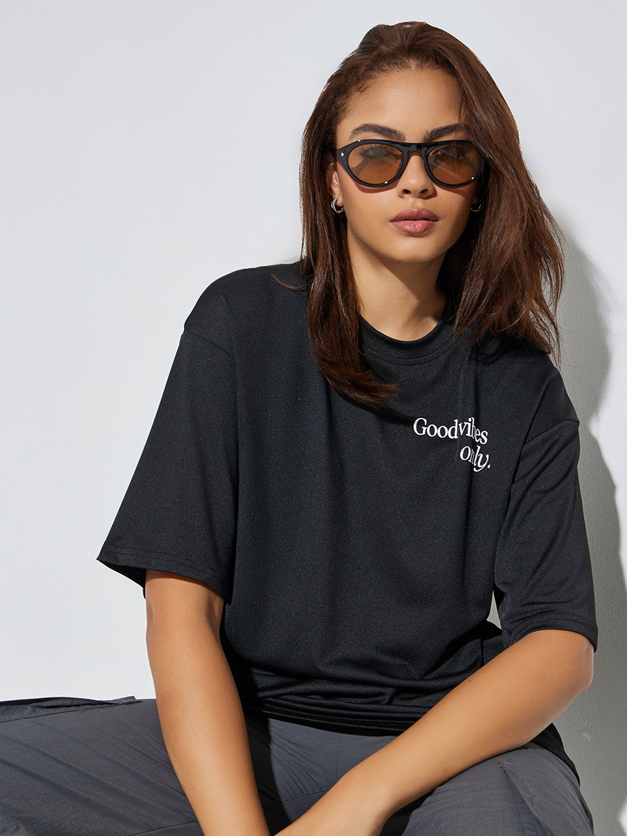 Black Slogan Print Oversized T-Shirt