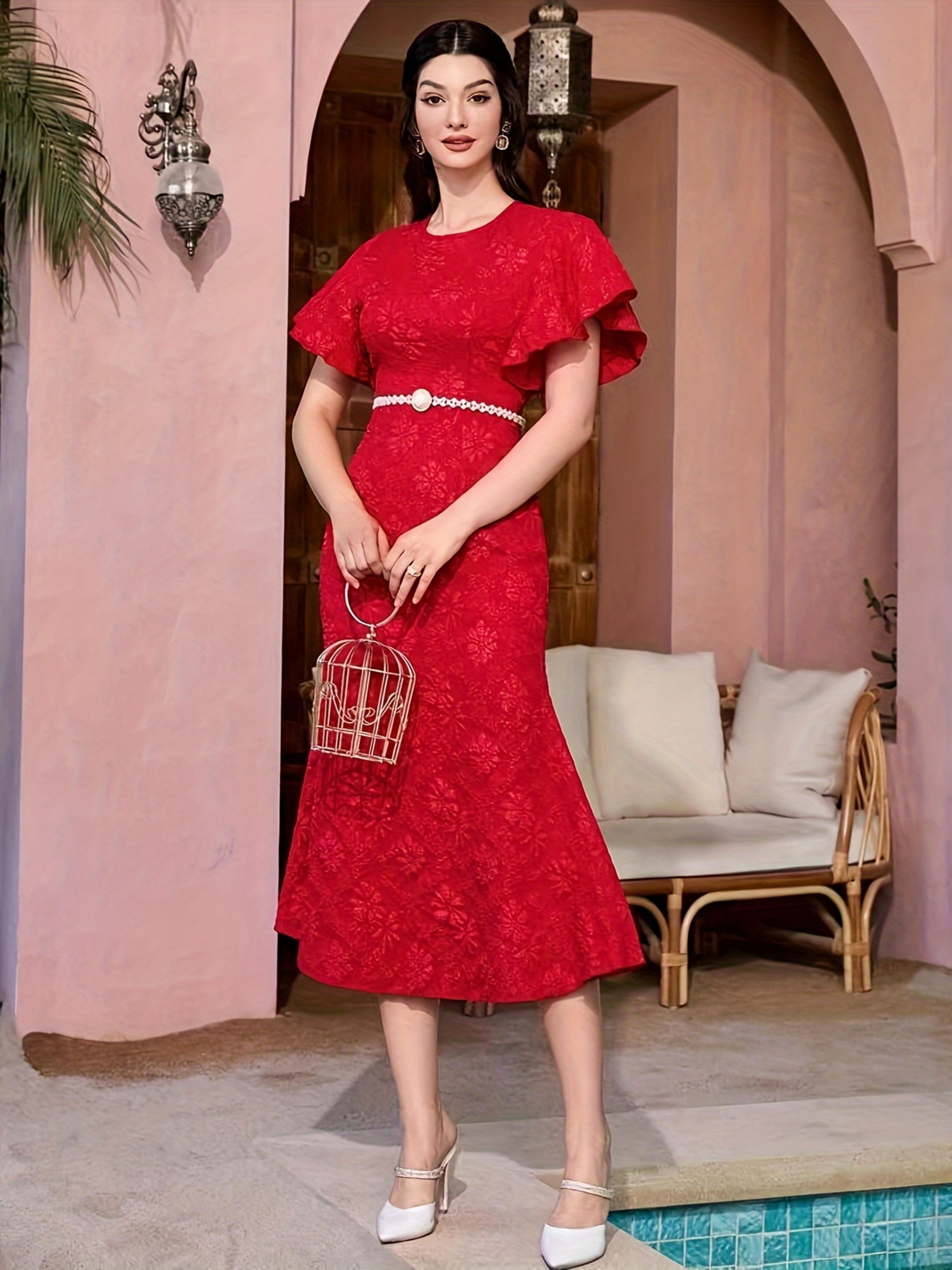 Red Jacquard Sheath Midi Dress