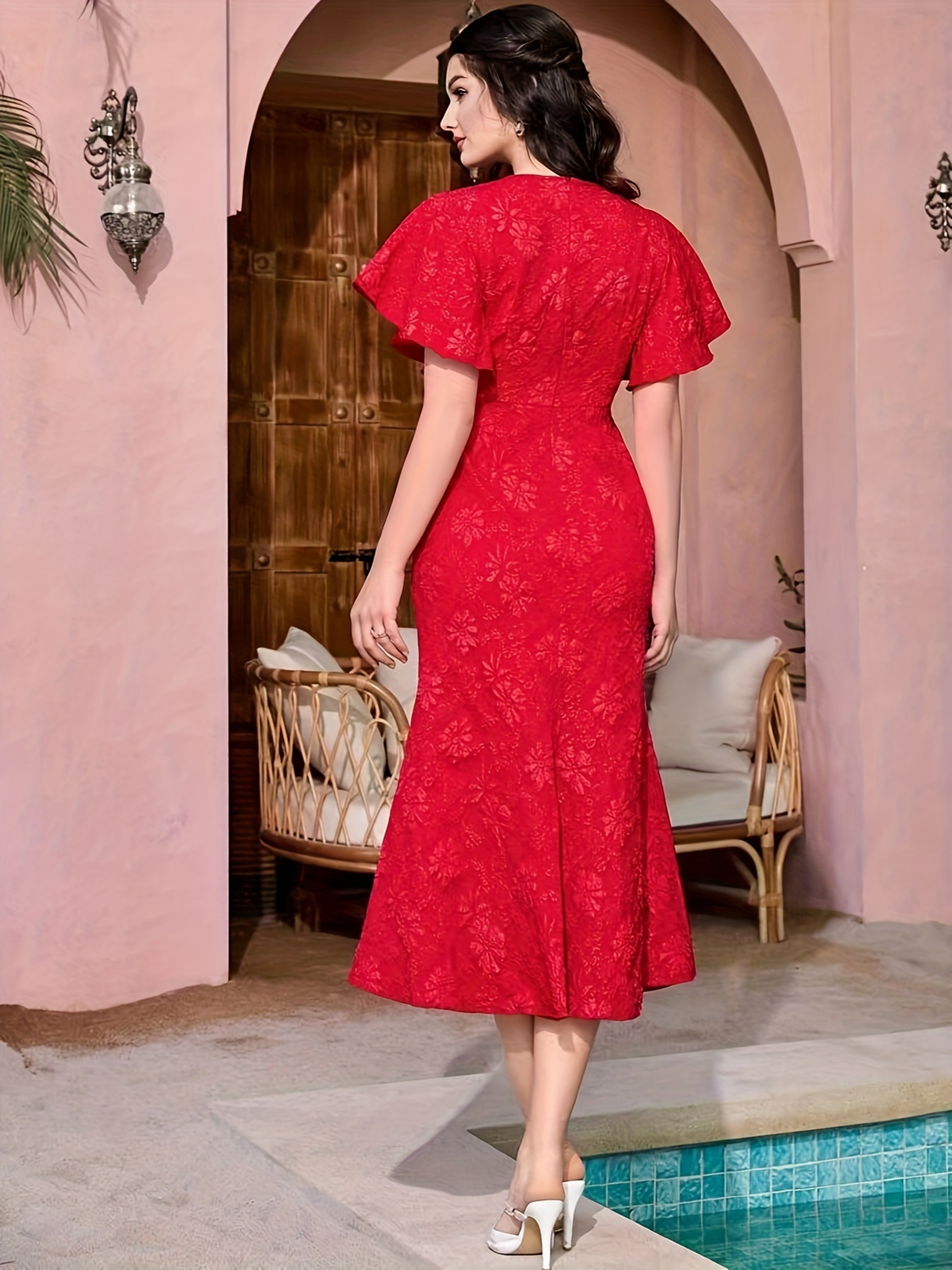 Red Jacquard Sheath Midi Dress