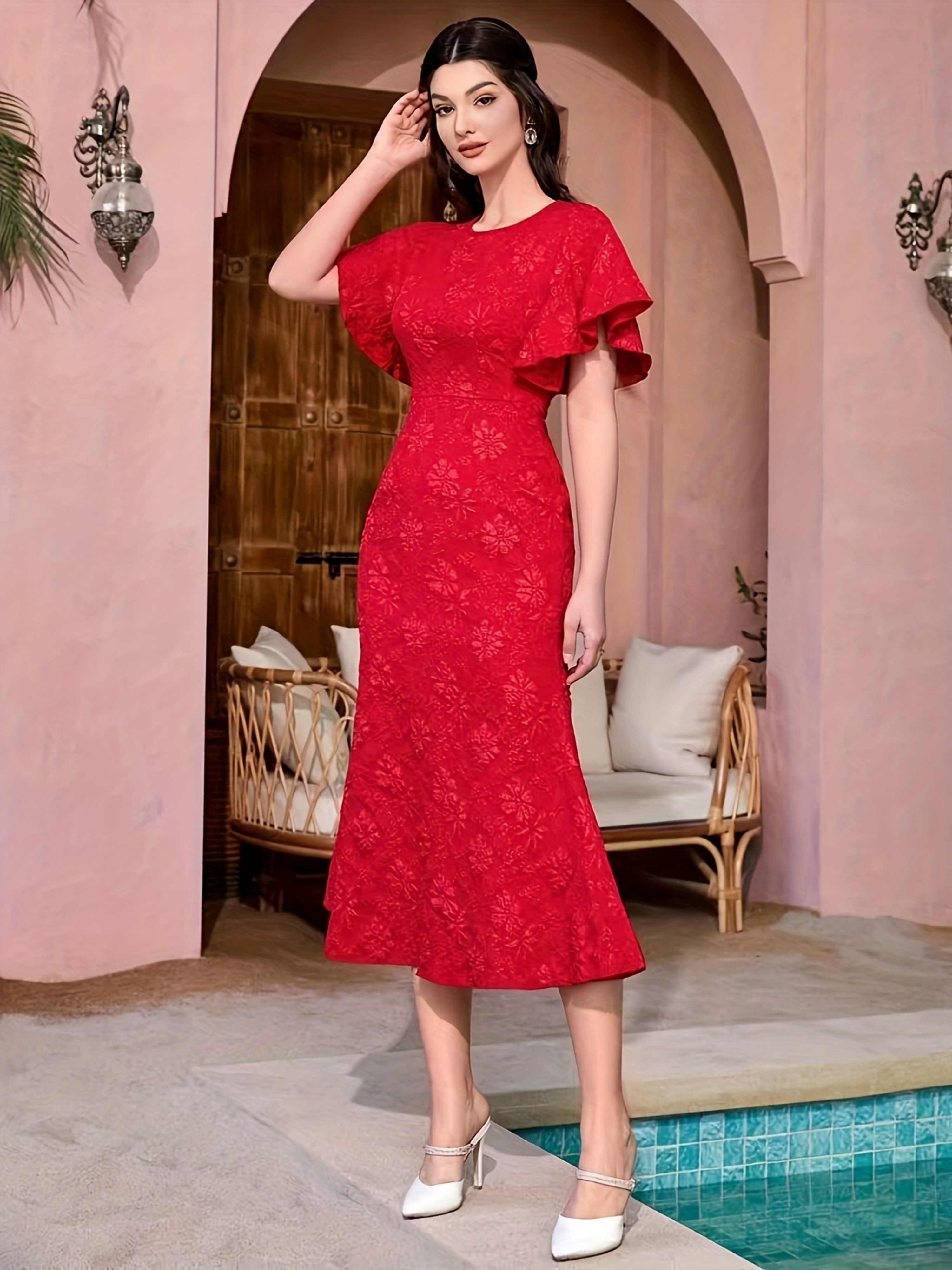 Red Jacquard Sheath Midi Dress
