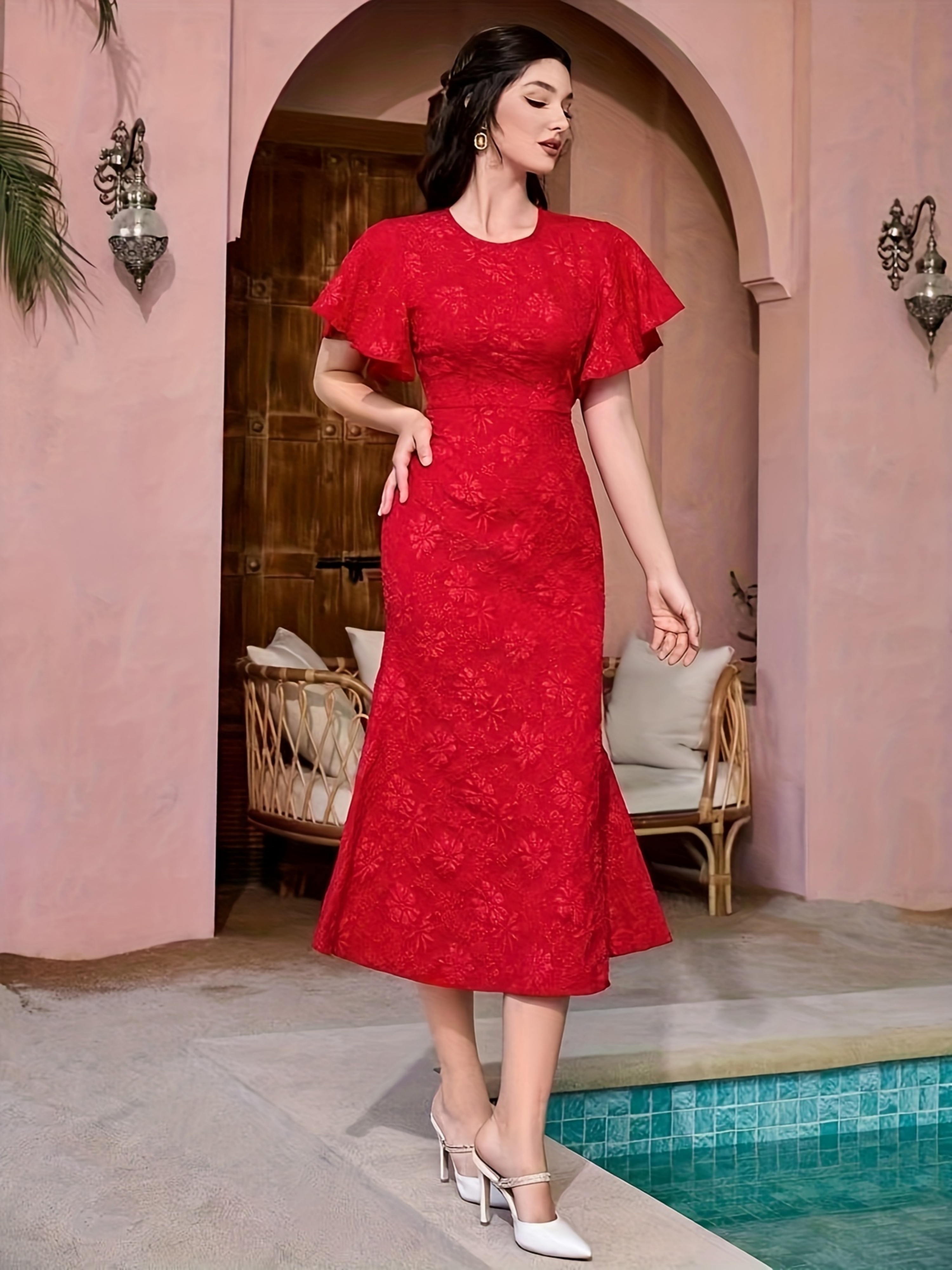 Red Jacquard Sheath Midi Dress