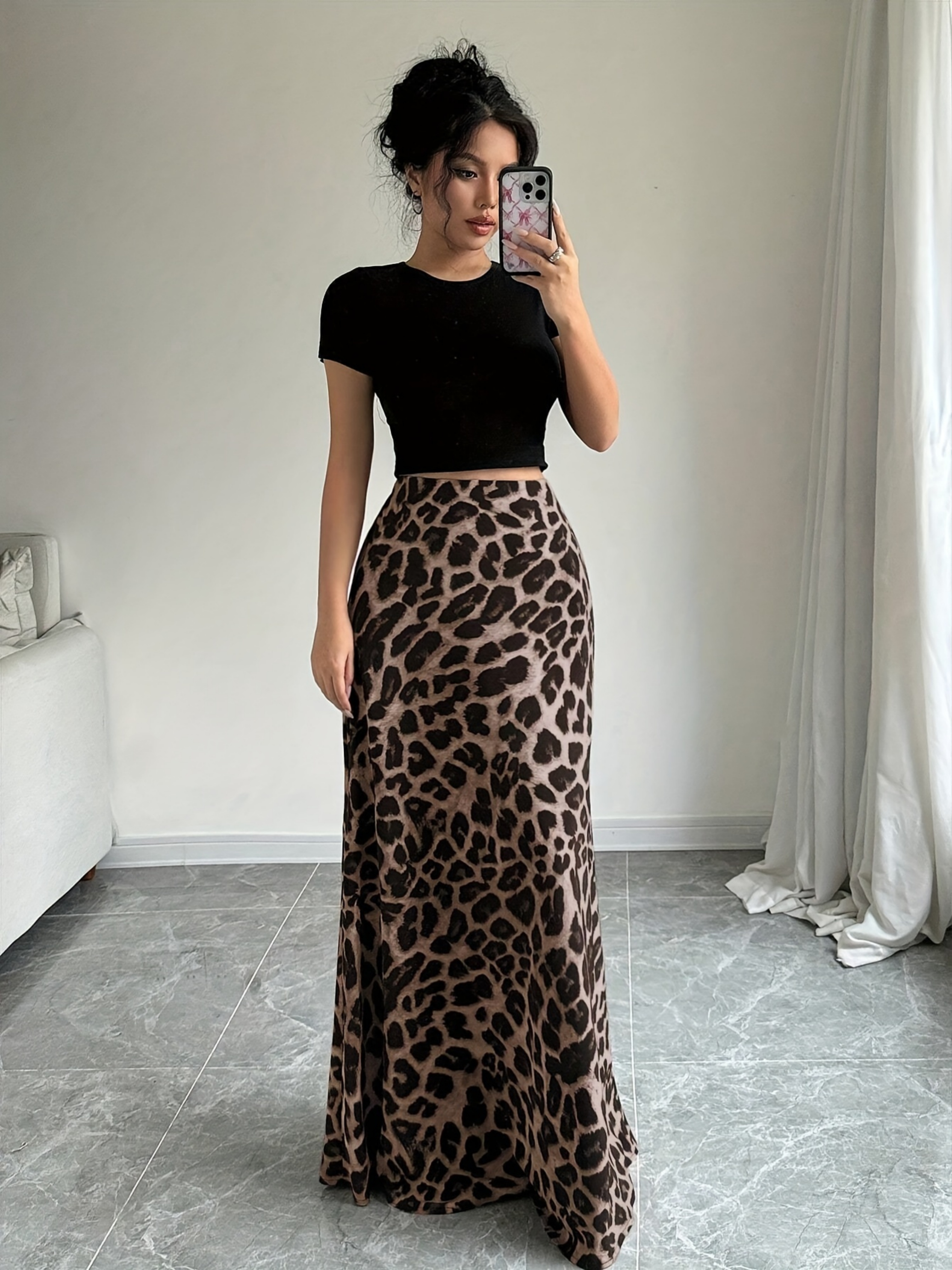 Brown Leopard Print A-Line Maxi Skirt