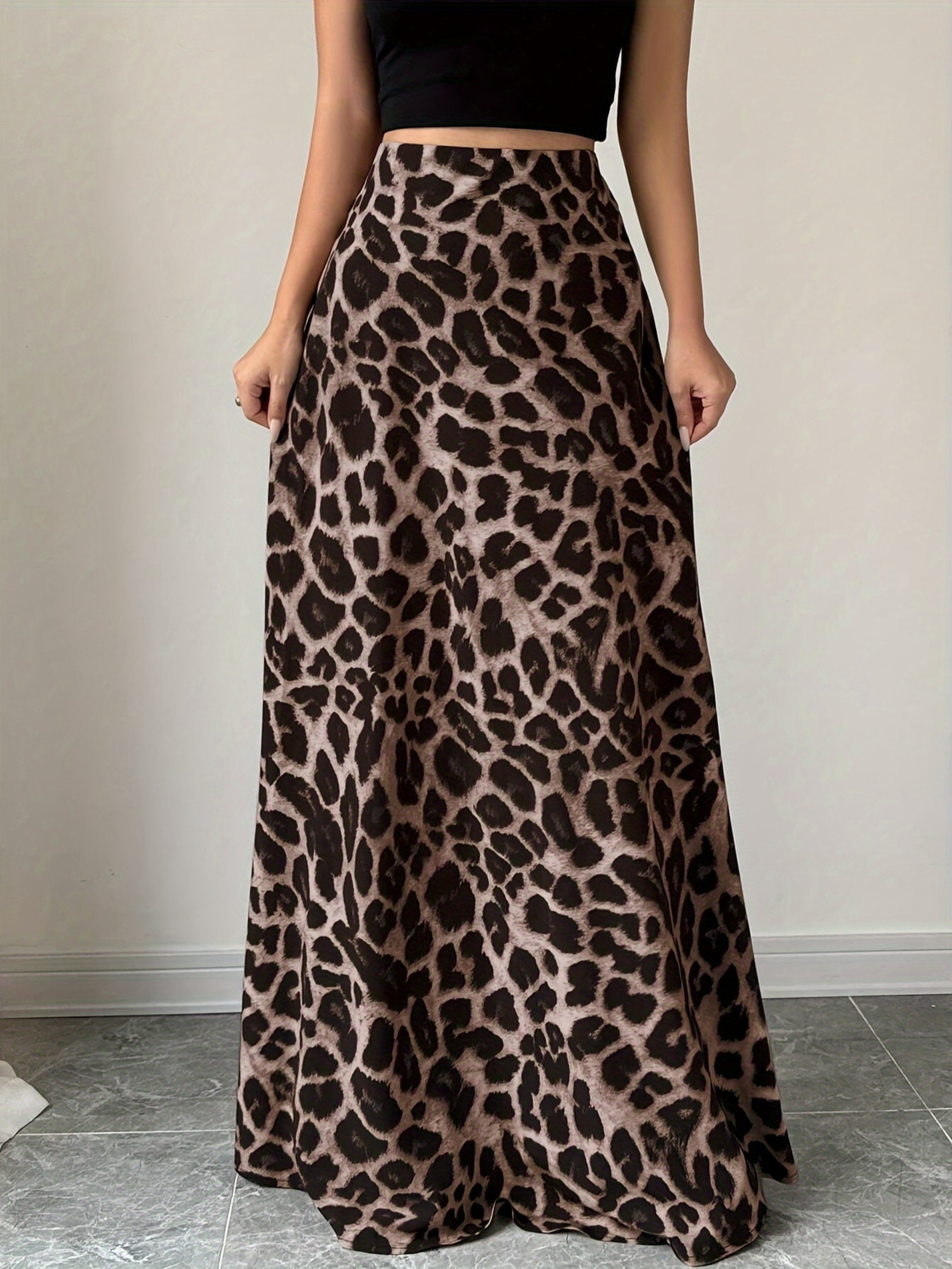 Brown Leopard Print A-Line Maxi Skirt
