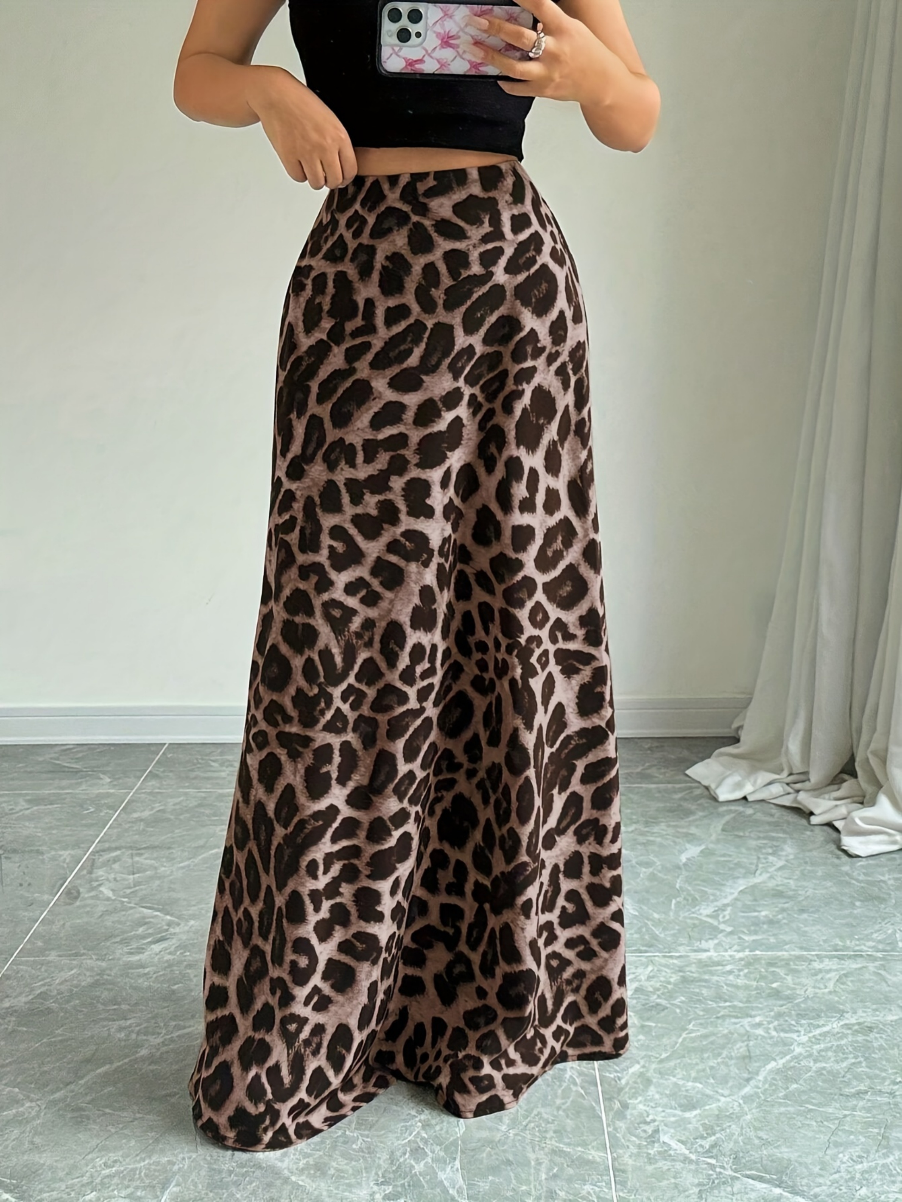 Brown Leopard Print A-Line Maxi Skirt