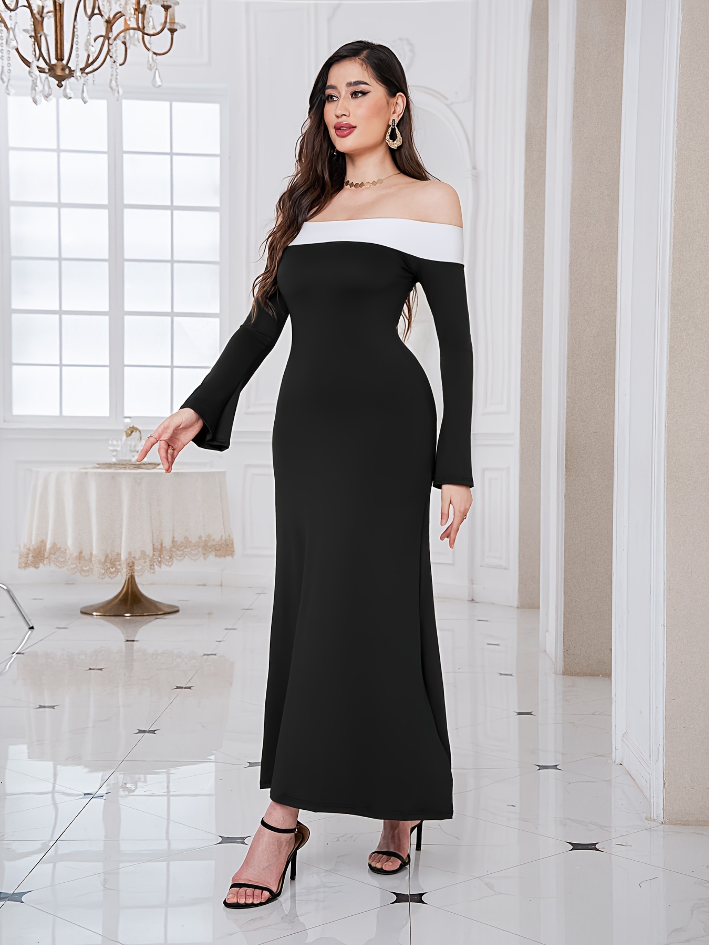 Black Off Shoulder Bell Sleeve Maxi Dress