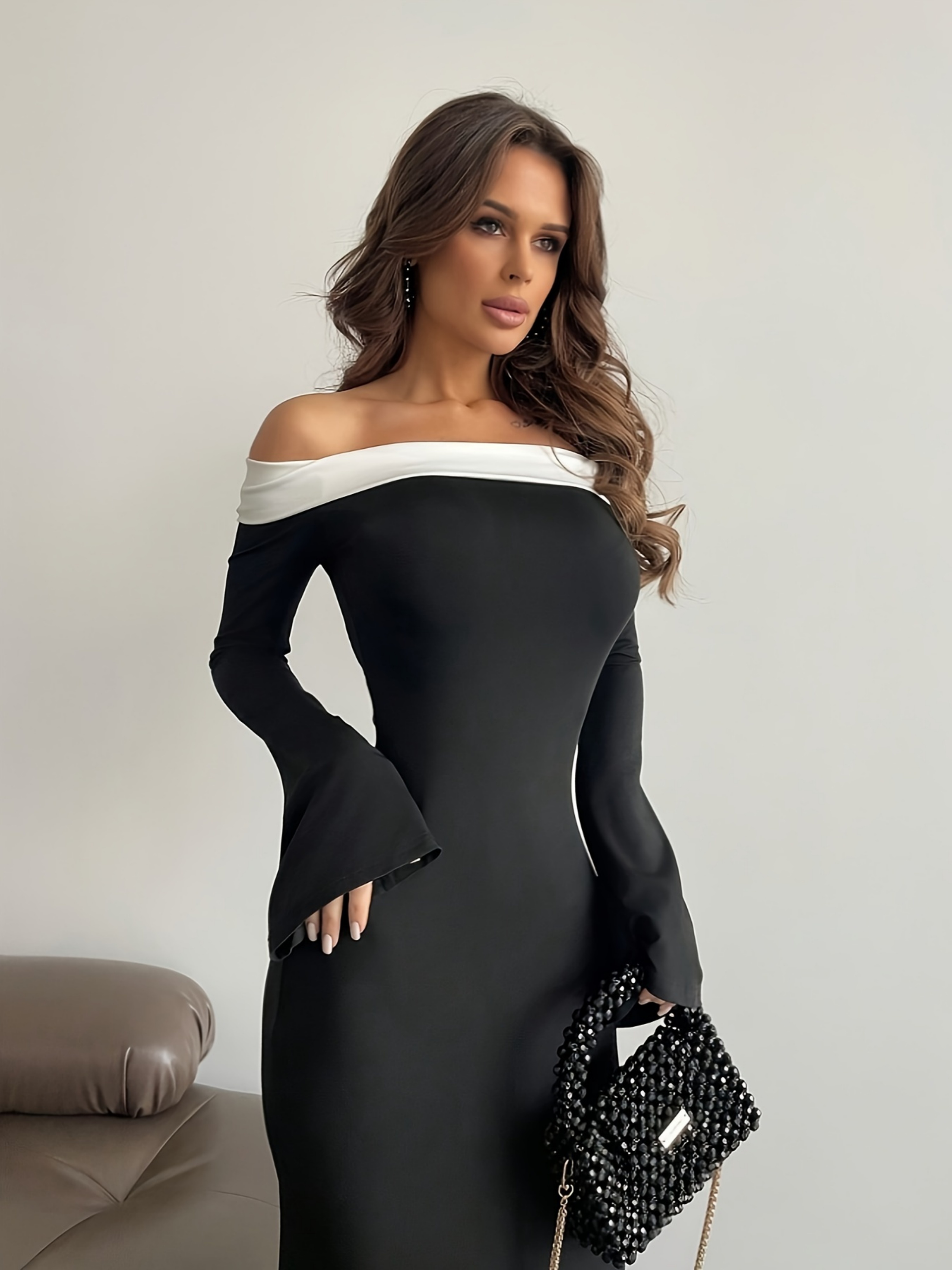 Black Off Shoulder Bell Sleeve Maxi Dress