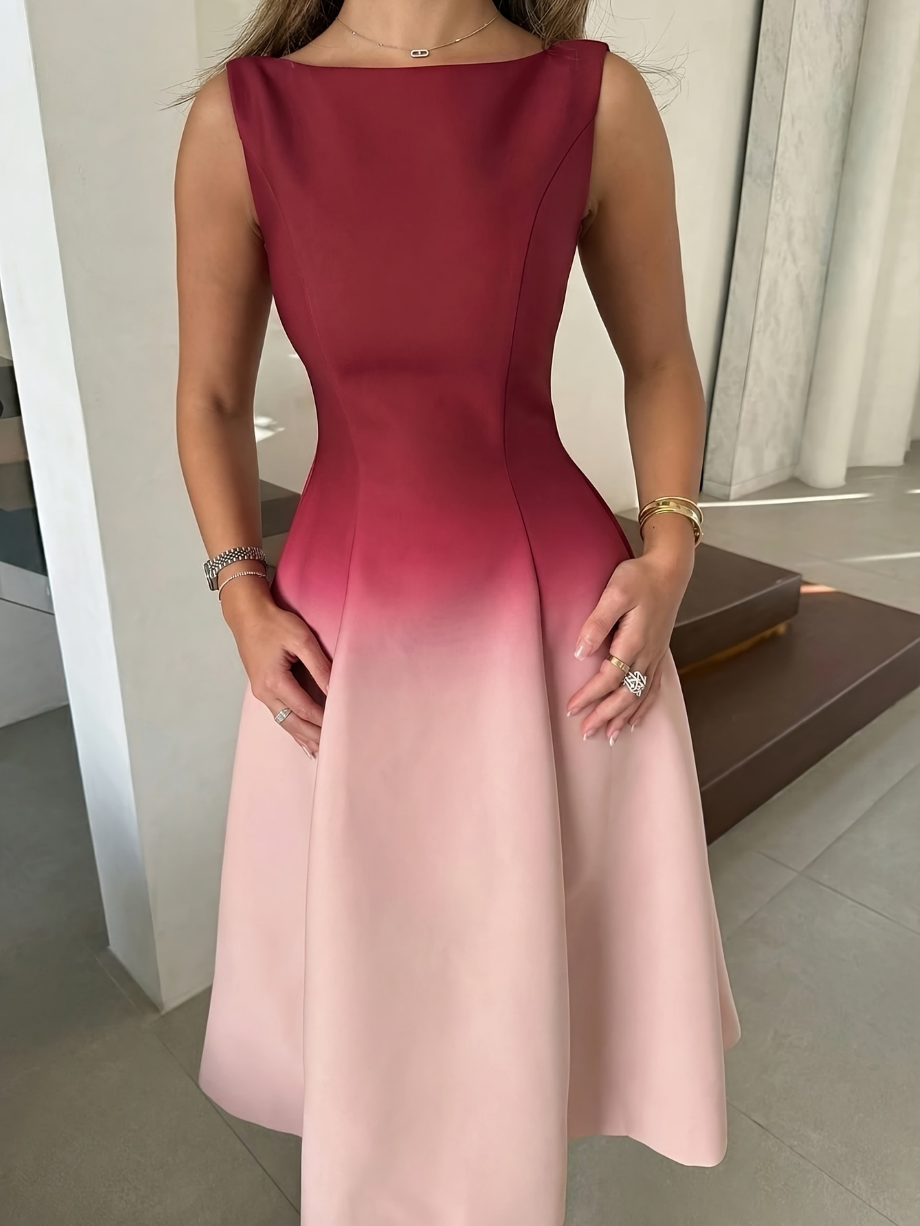 Pink Ombre Look Fold Pleat Midi Dress