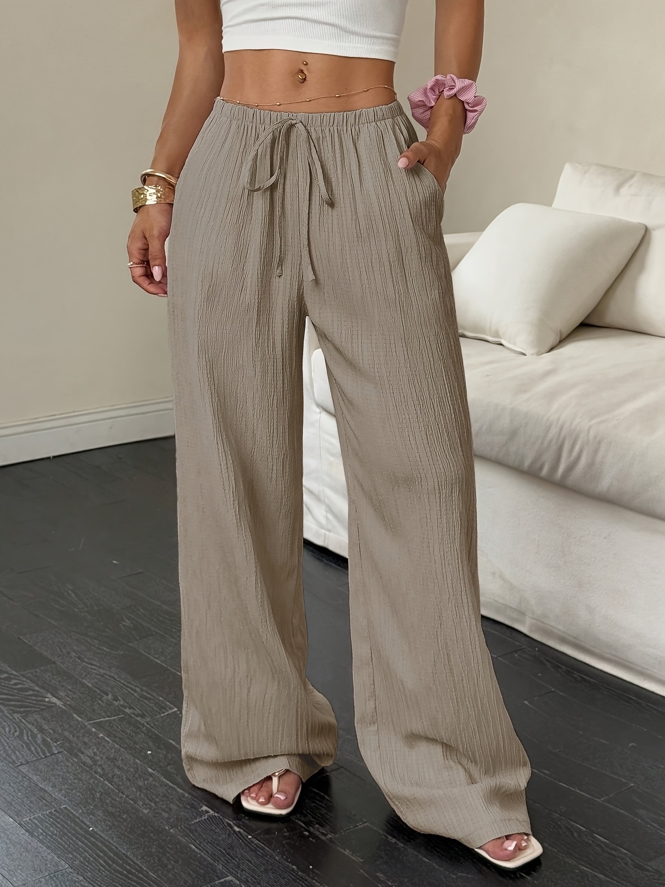 Beige Textured Wide Leg Pants