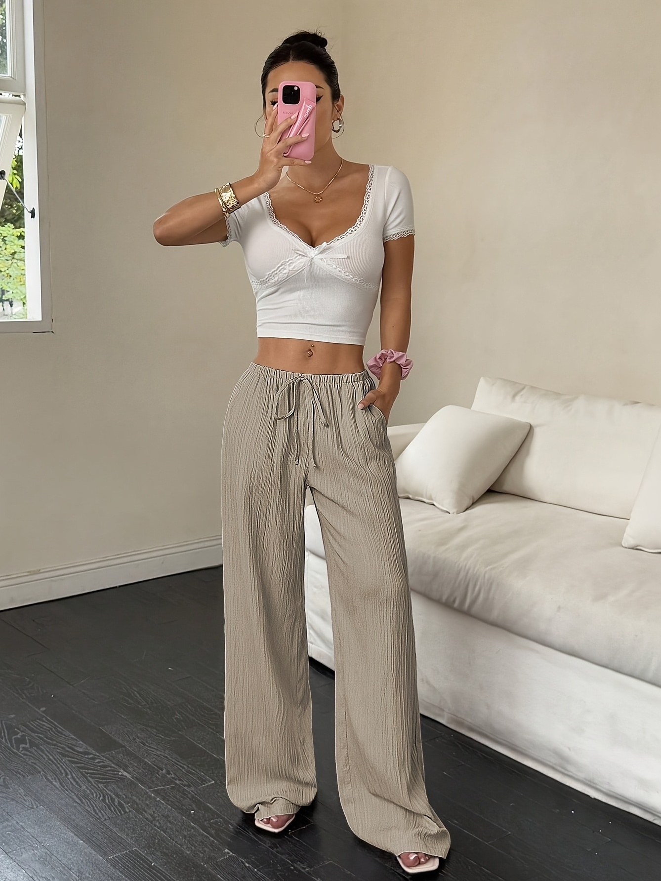 Beige Textured Wide Leg Pants