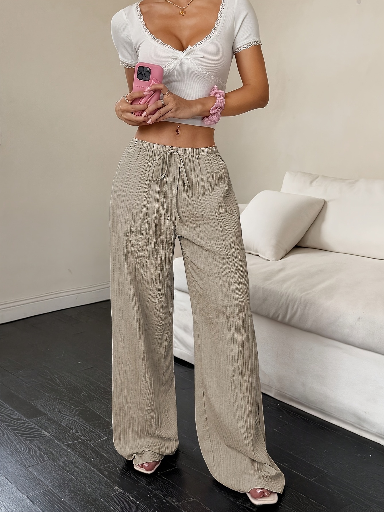 Beige Textured Wide Leg Pants