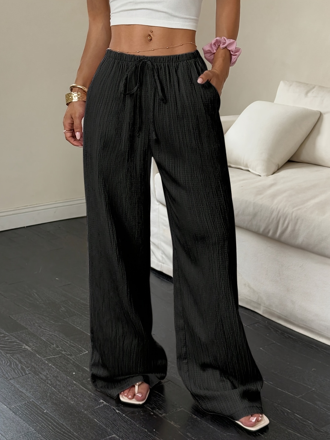 Black Textured Wide Leg Pants