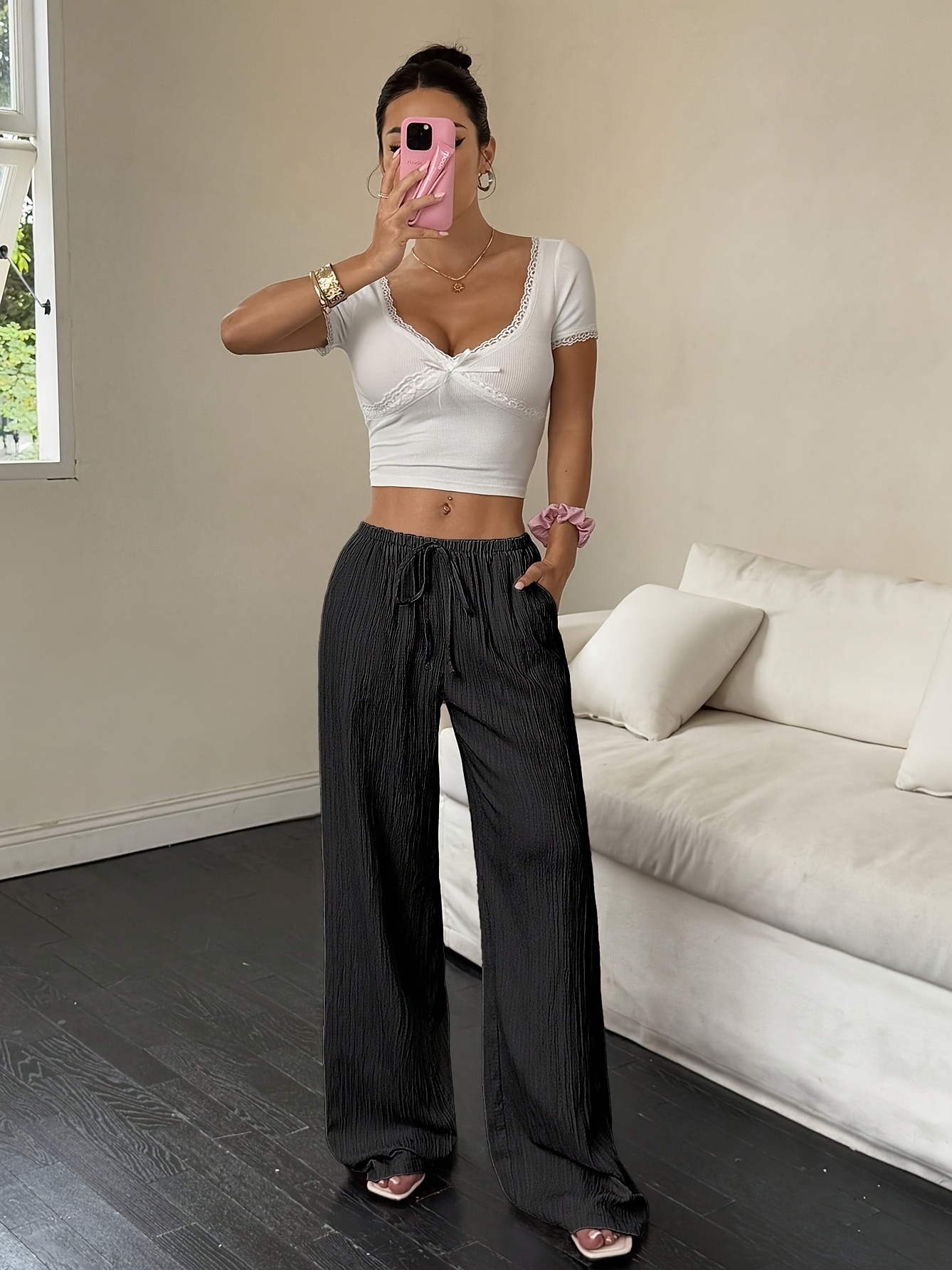 Black Textured Wide Leg Pants