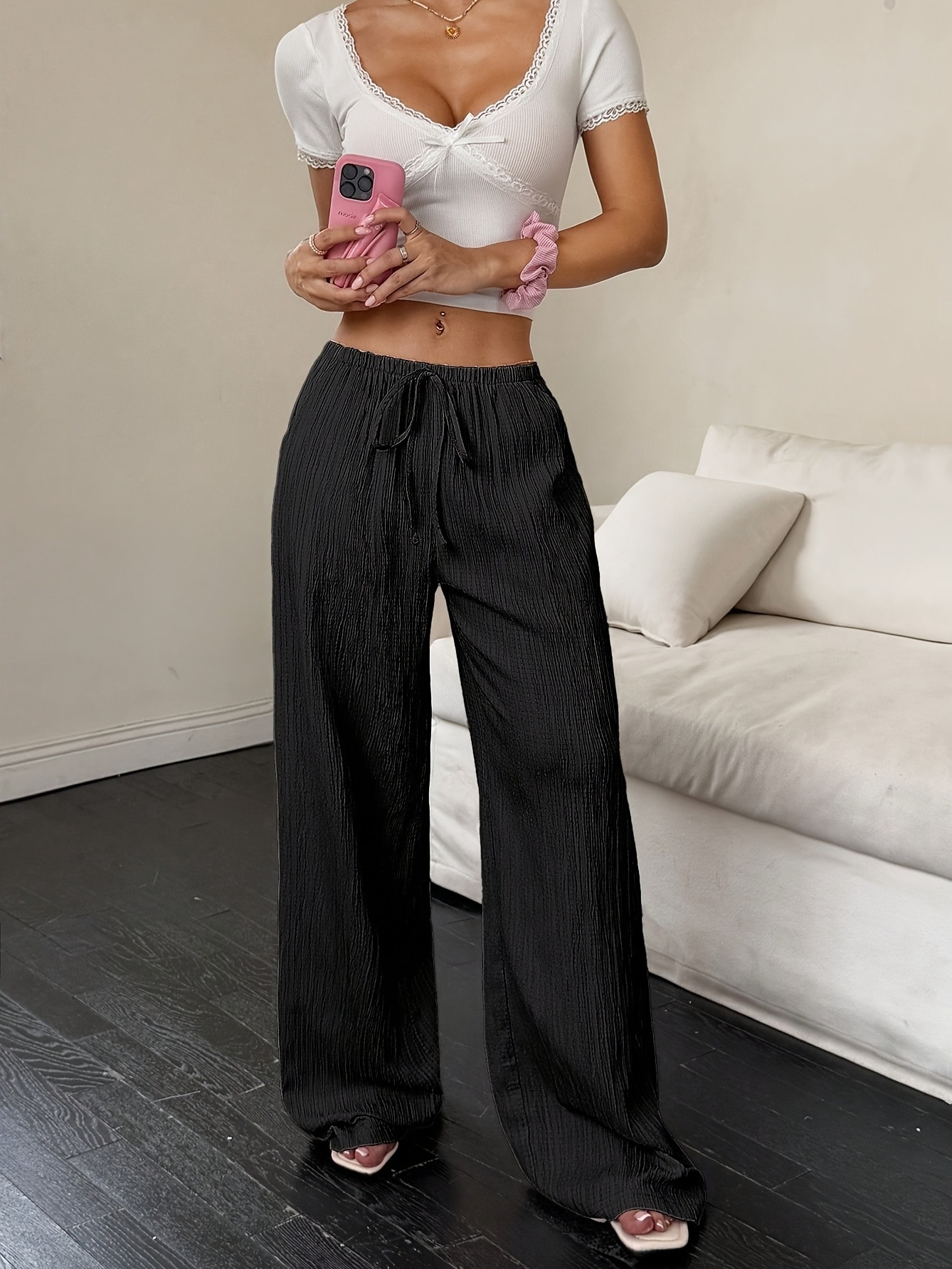 Black Textured Wide Leg Pants