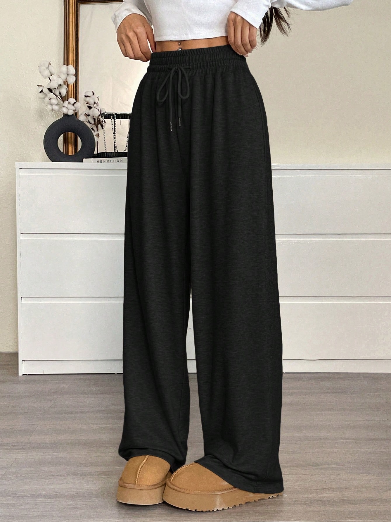Black Wide Leg Pants with Drawstring