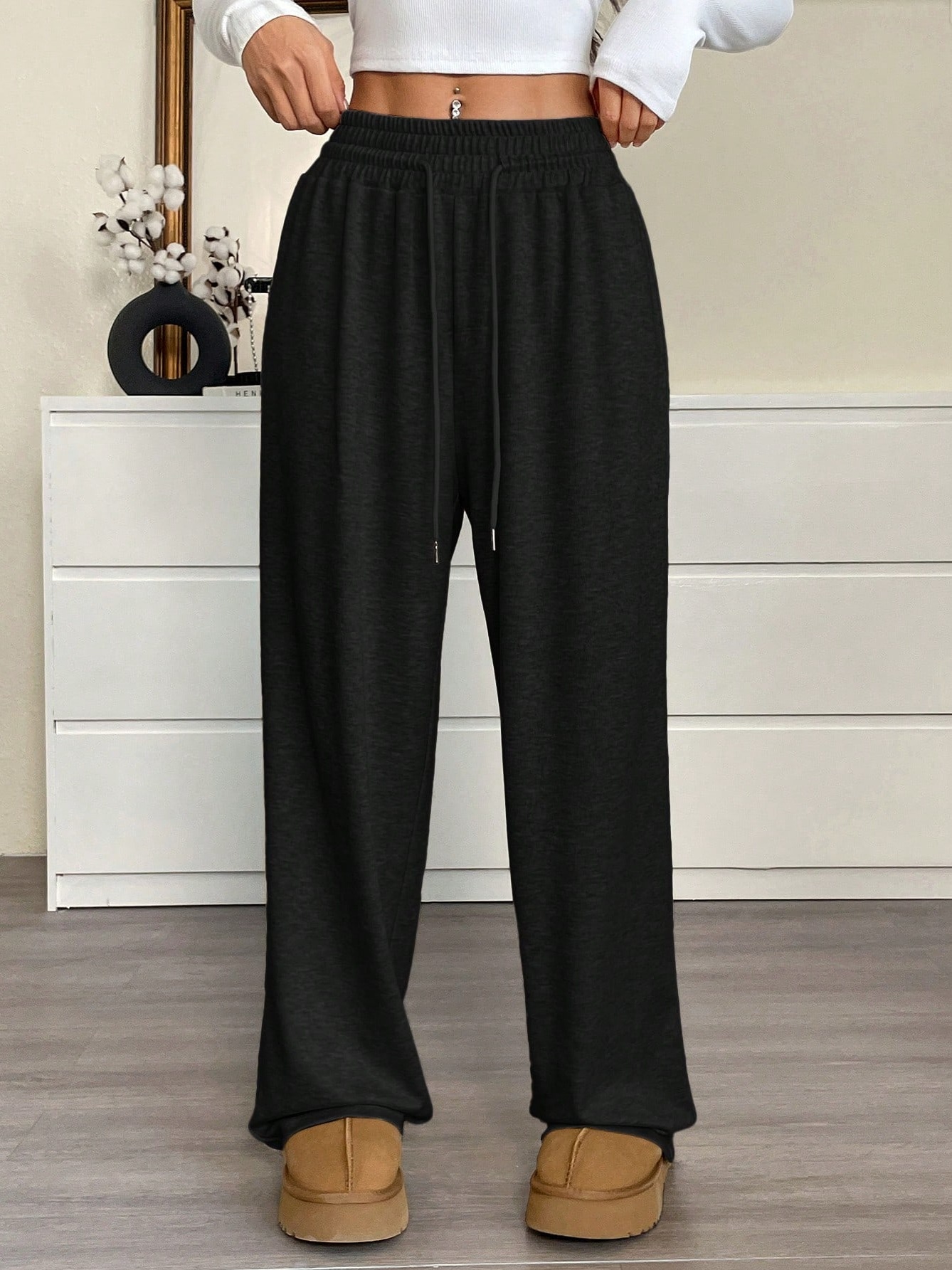 Black Wide Leg Pants with Drawstring