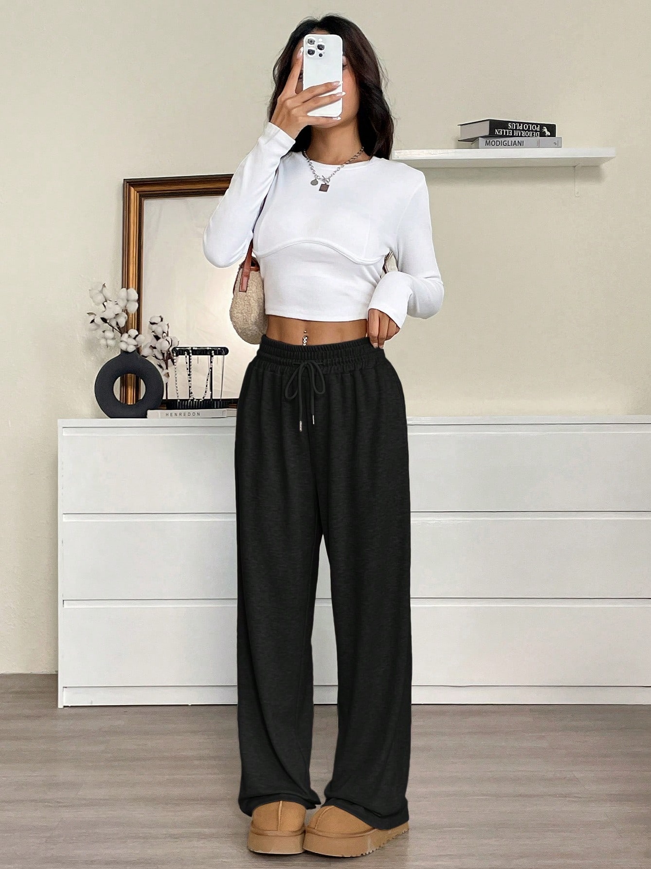 Black Wide Leg Pants with Drawstring