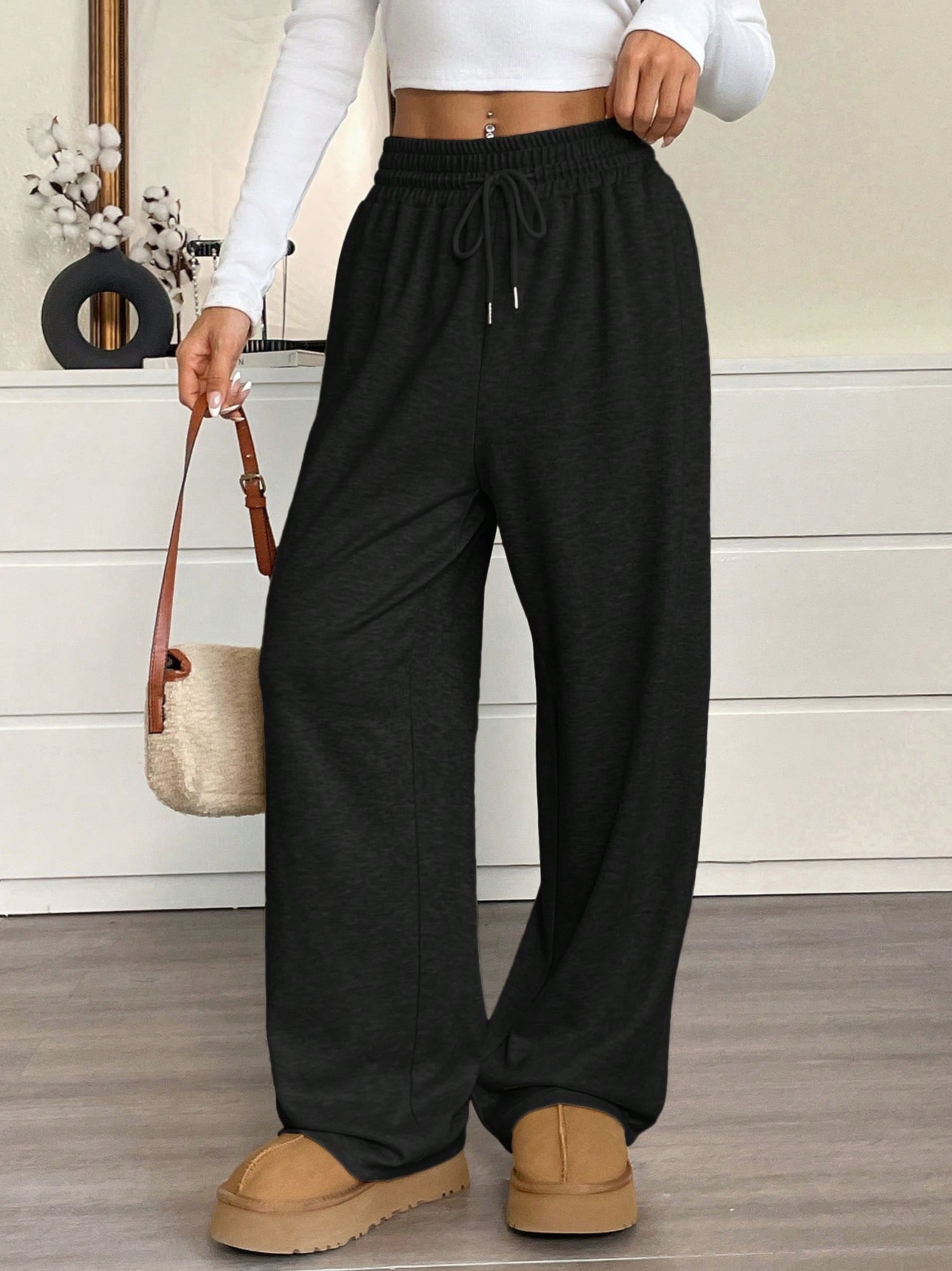 Black Wide Leg Pants with Drawstring