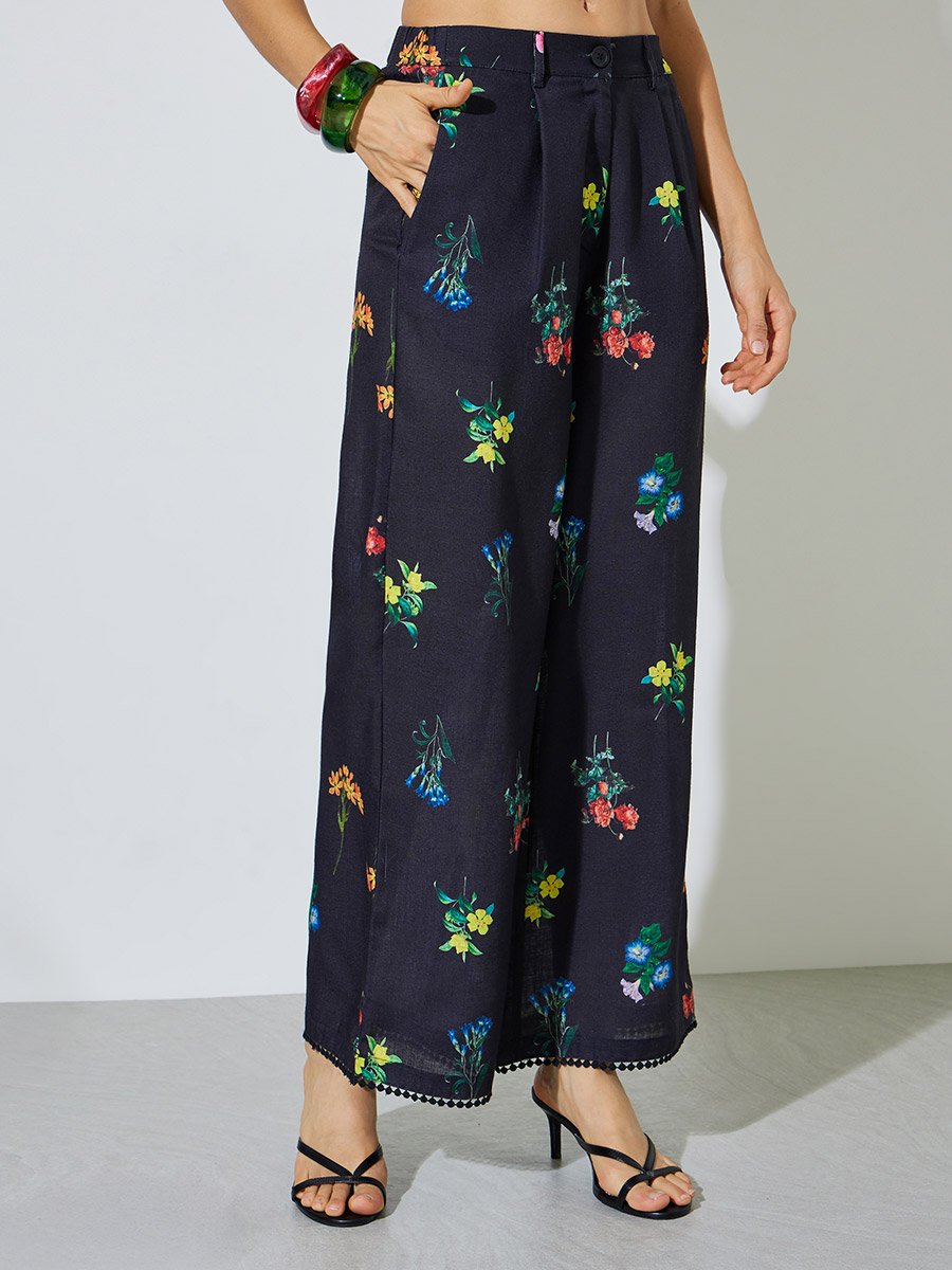 Black Floral Print Top and Wide Leg Pants Co-ord Set