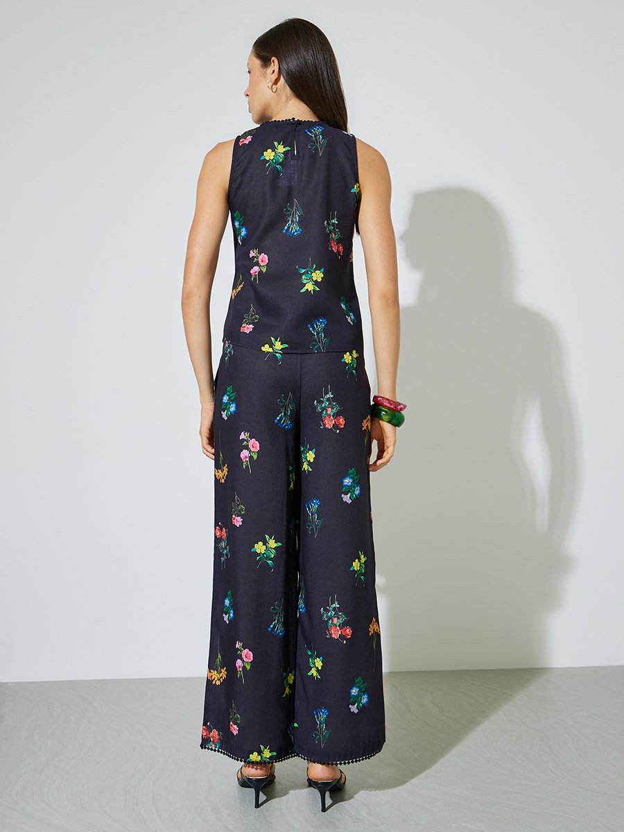 Black Floral Print Top and Wide Leg Pants Co-ord Set
