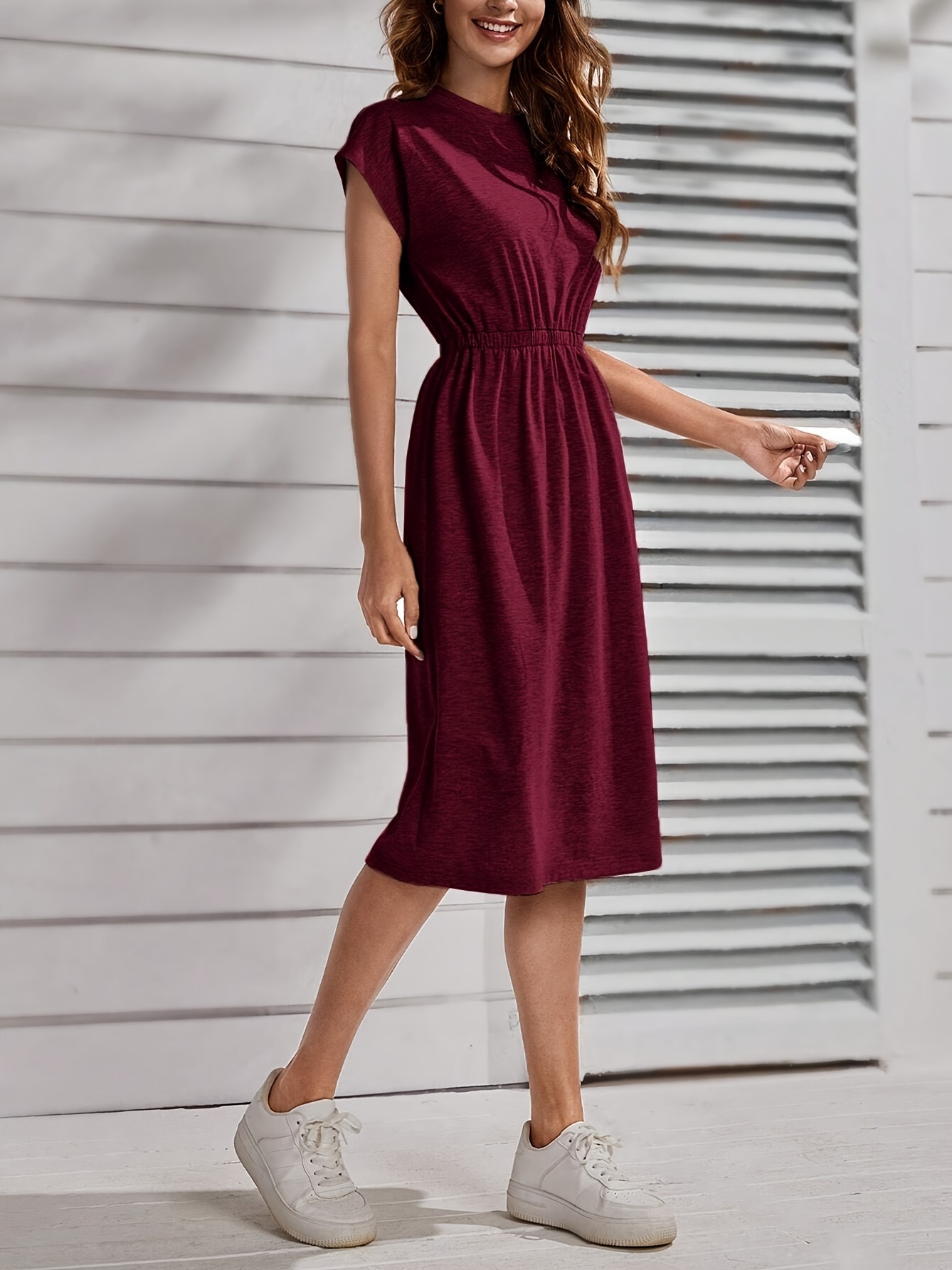 Burgundy Solid T-Shirt Midi Dress