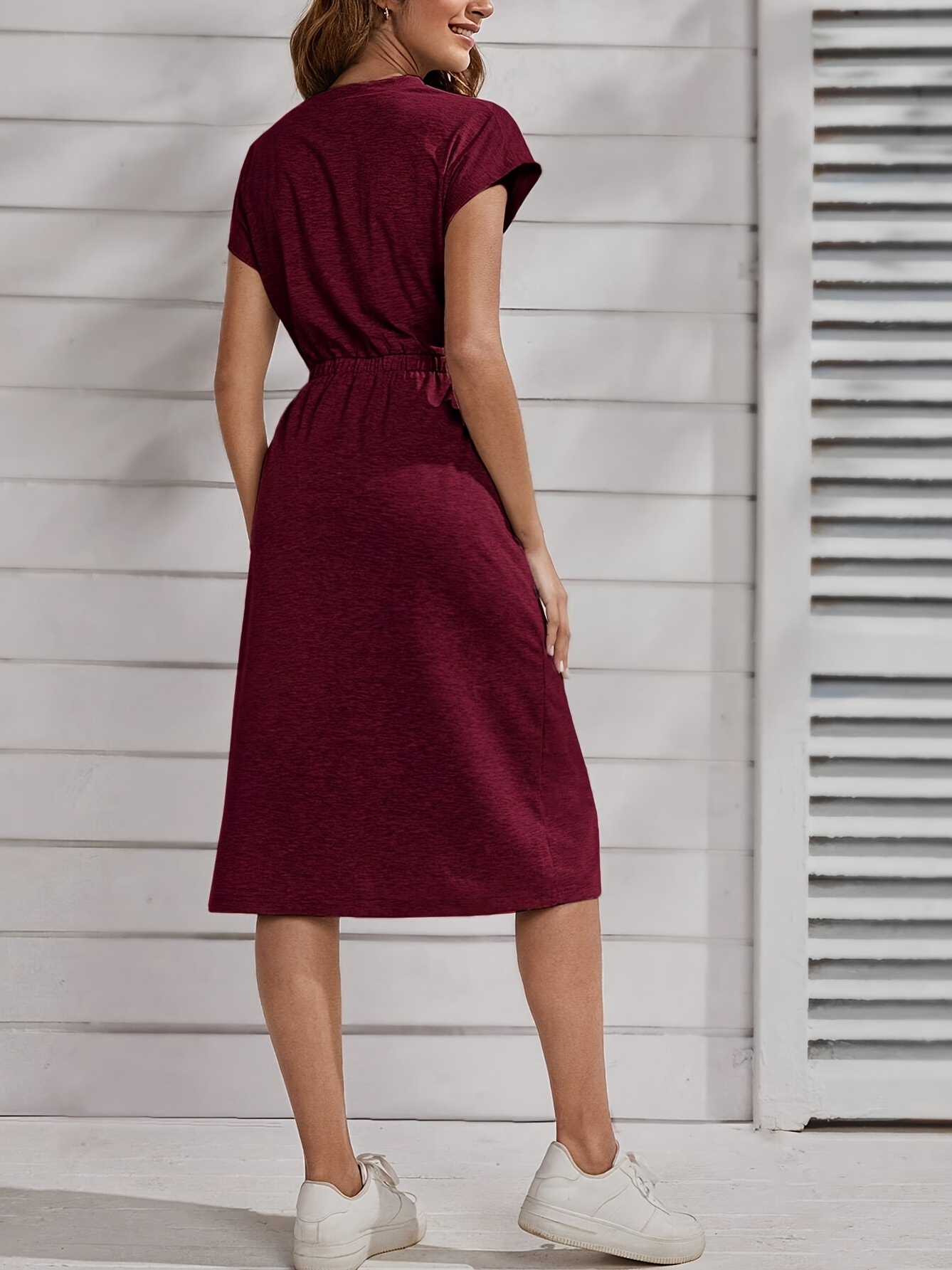 Burgundy Solid T-Shirt Midi Dress