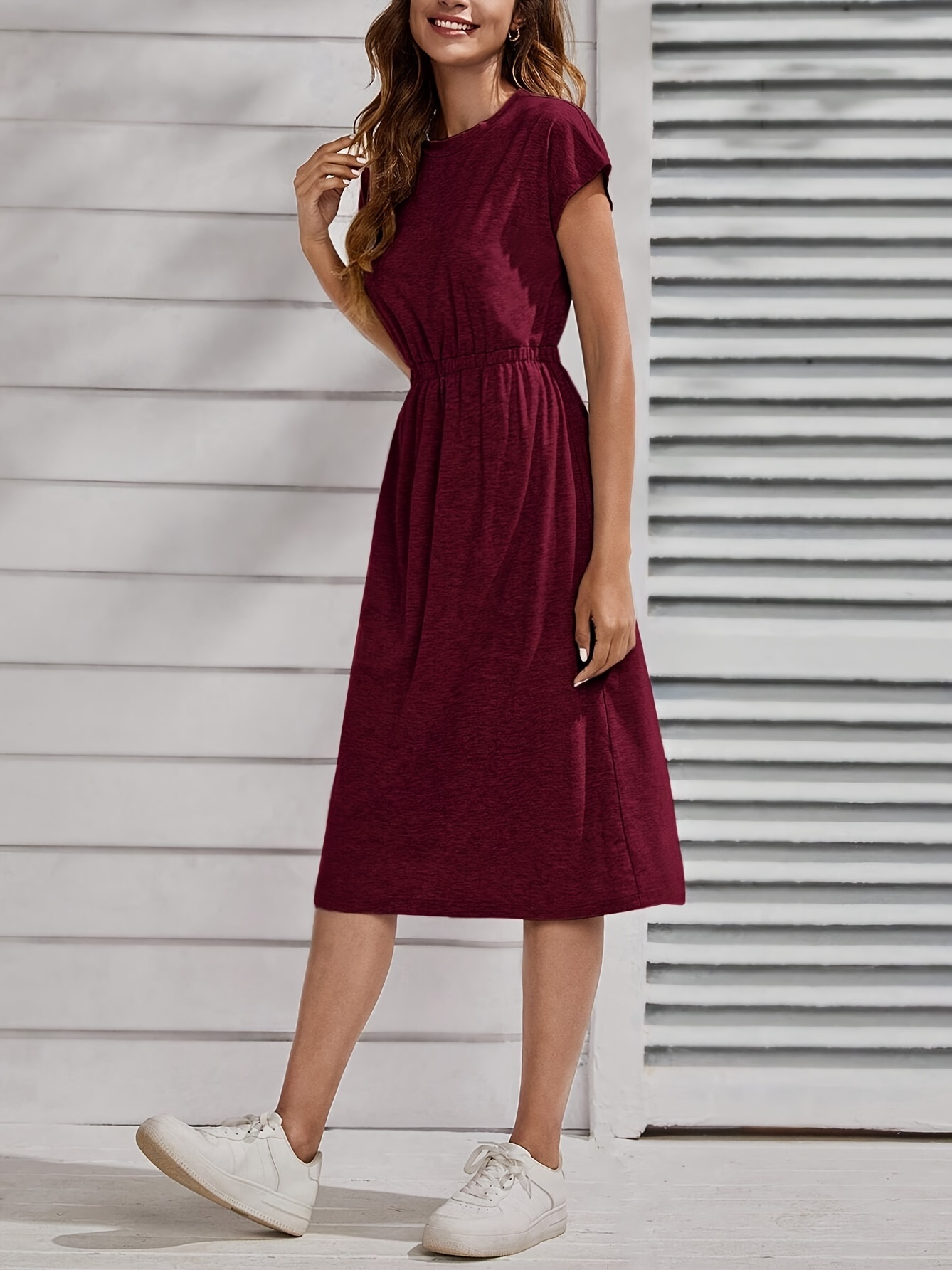 Burgundy Solid T-Shirt Midi Dress