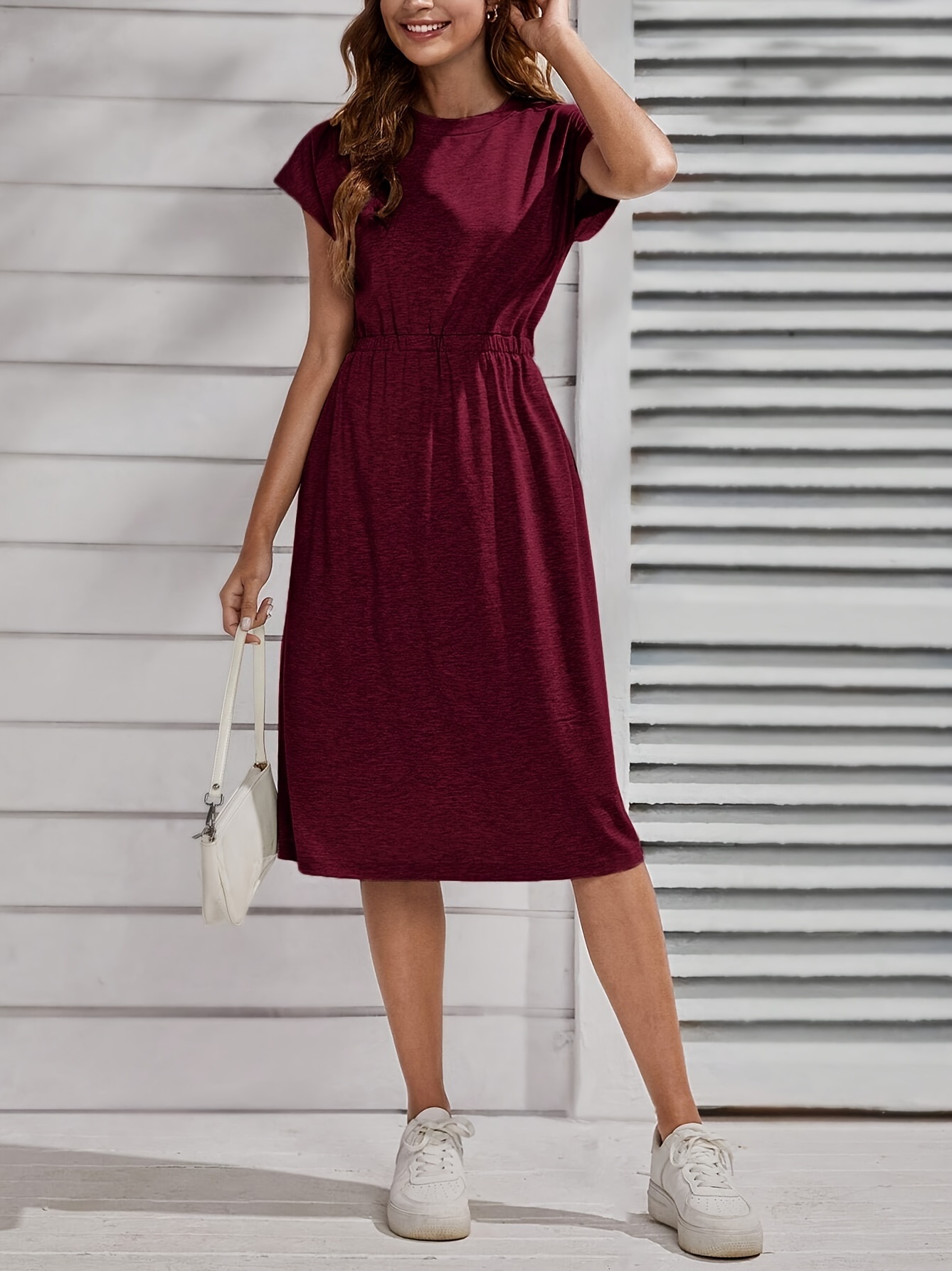 Burgundy Solid T-Shirt Midi Dress