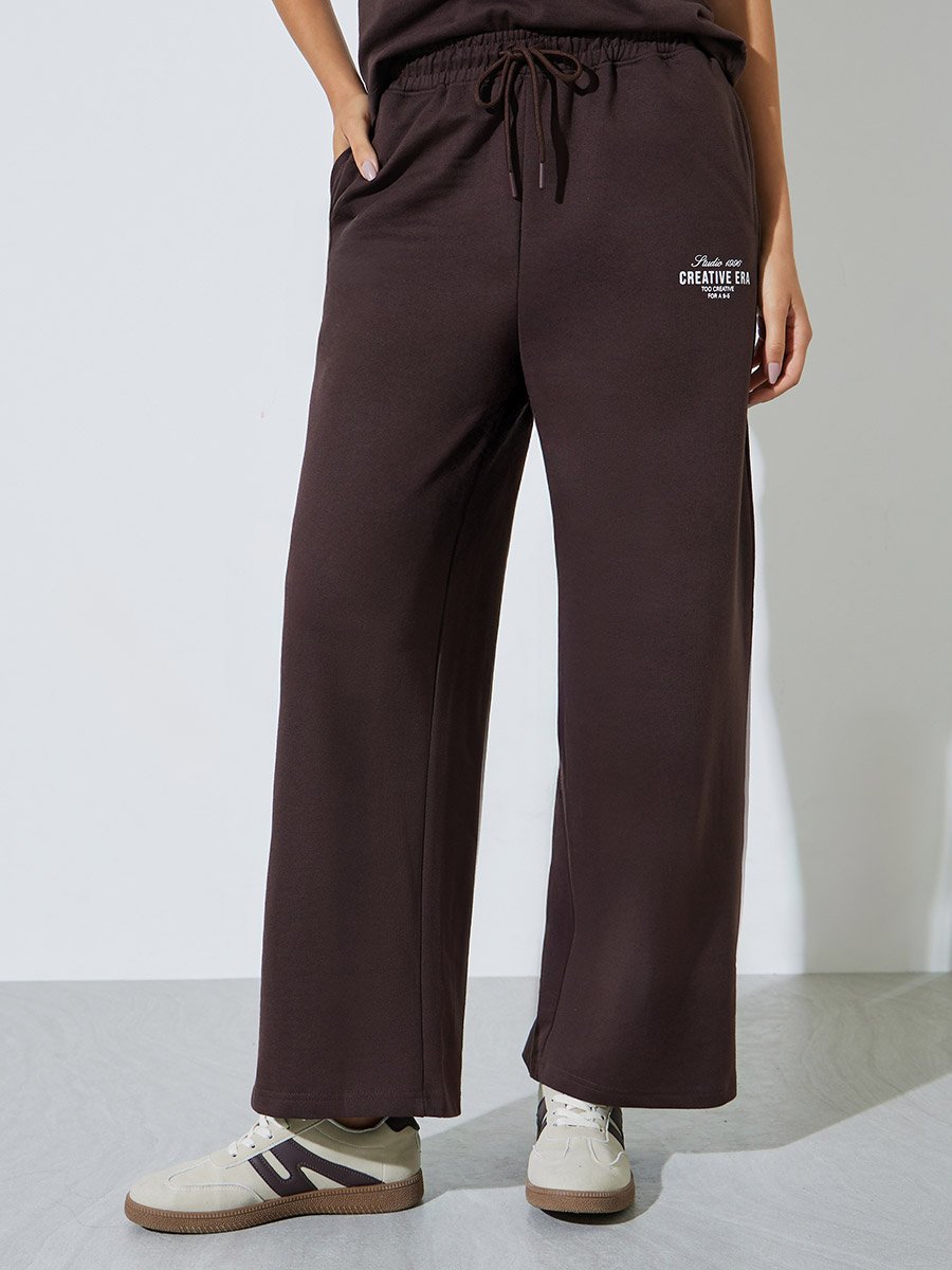 Coffee Brown Text Print Cotton Blend T-Shirt and Joggers Co-ord Set