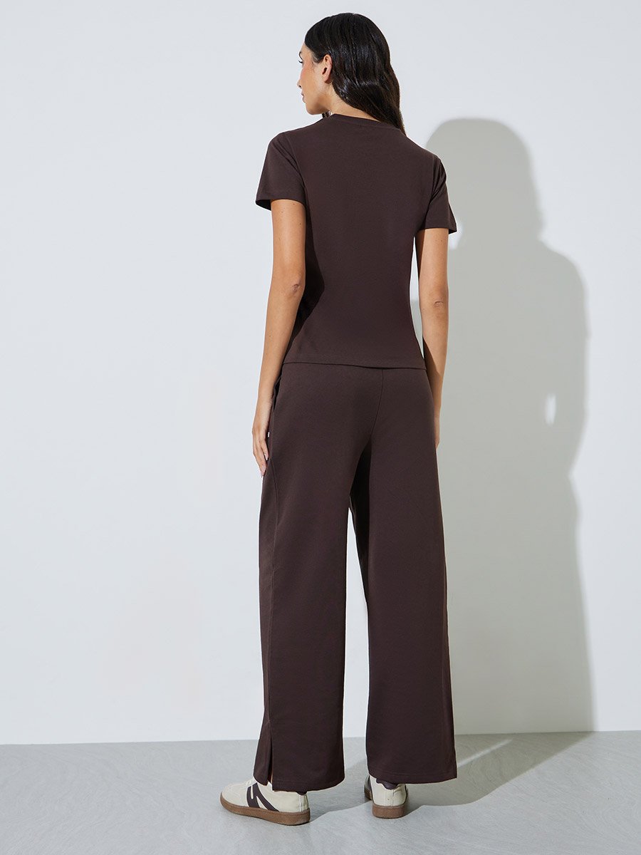 Coffee Brown Text Print Cotton Blend T-Shirt and Joggers Co-ord Set