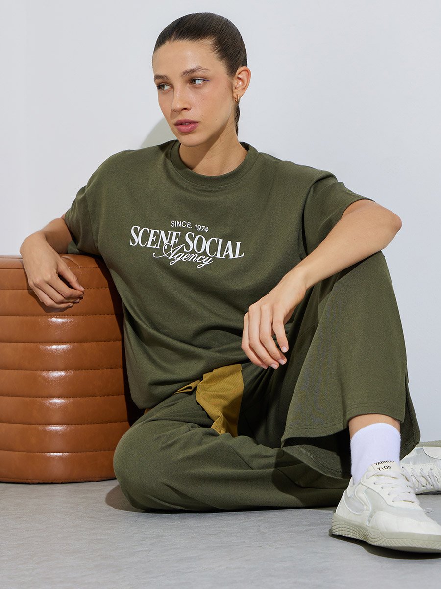 Olive Text Print Cotton Blend T-Shirt and Joggers Co-ord Set
