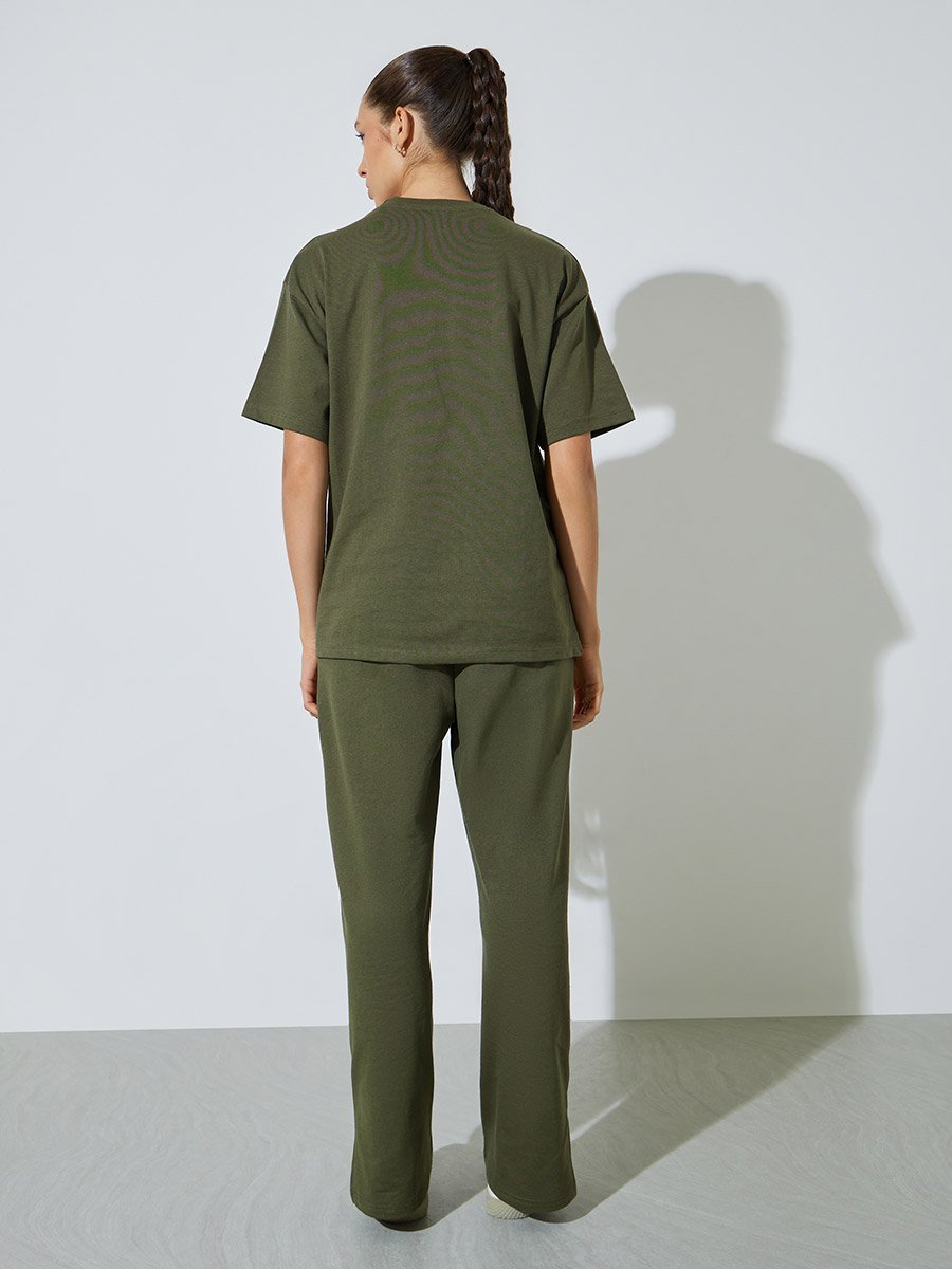 Olive Text Print Cotton Blend T-Shirt and Joggers Co-ord Set