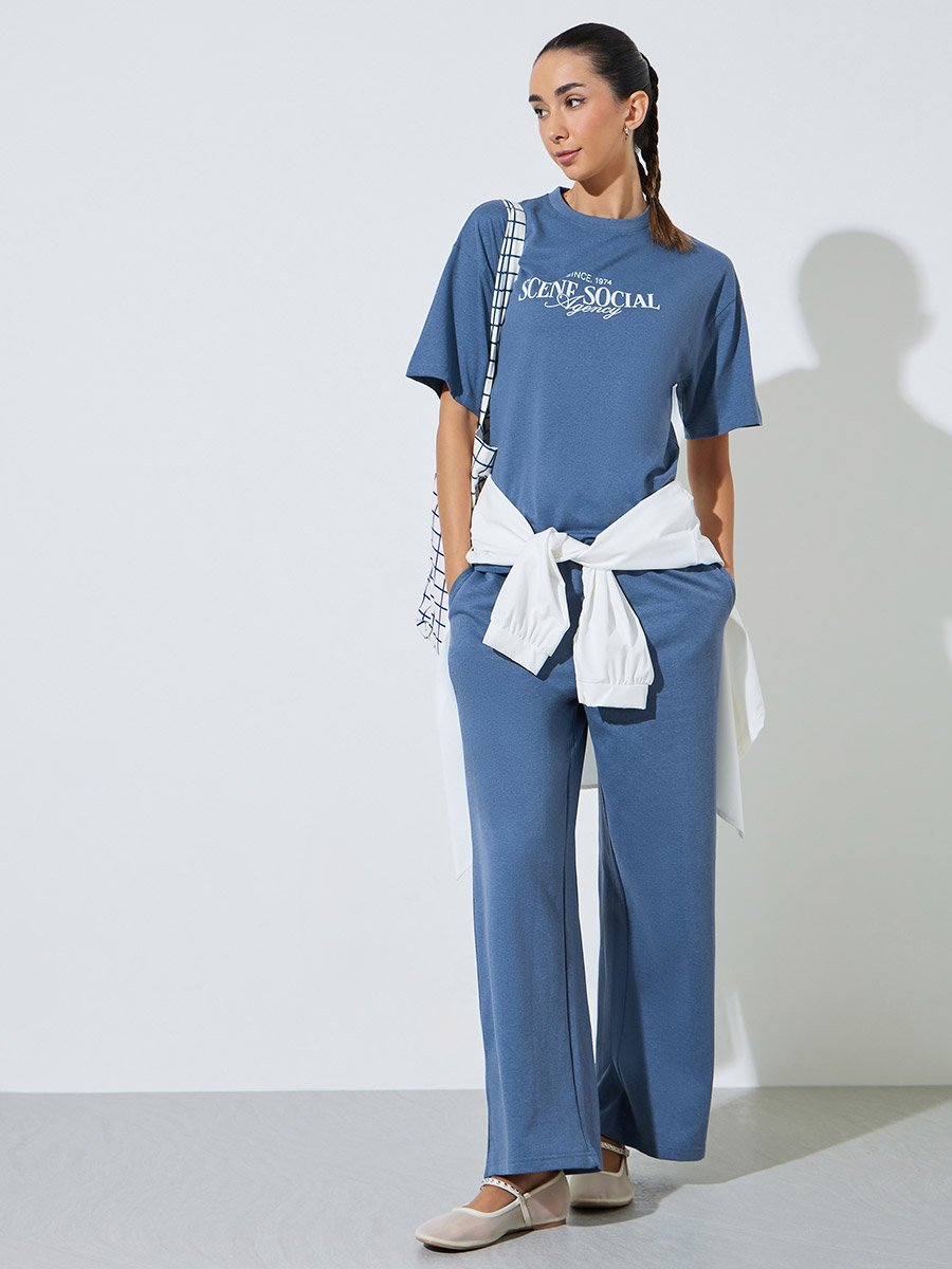 Blue Text Print Cotton Blend T-Shirt and Joggers Co-ord Set